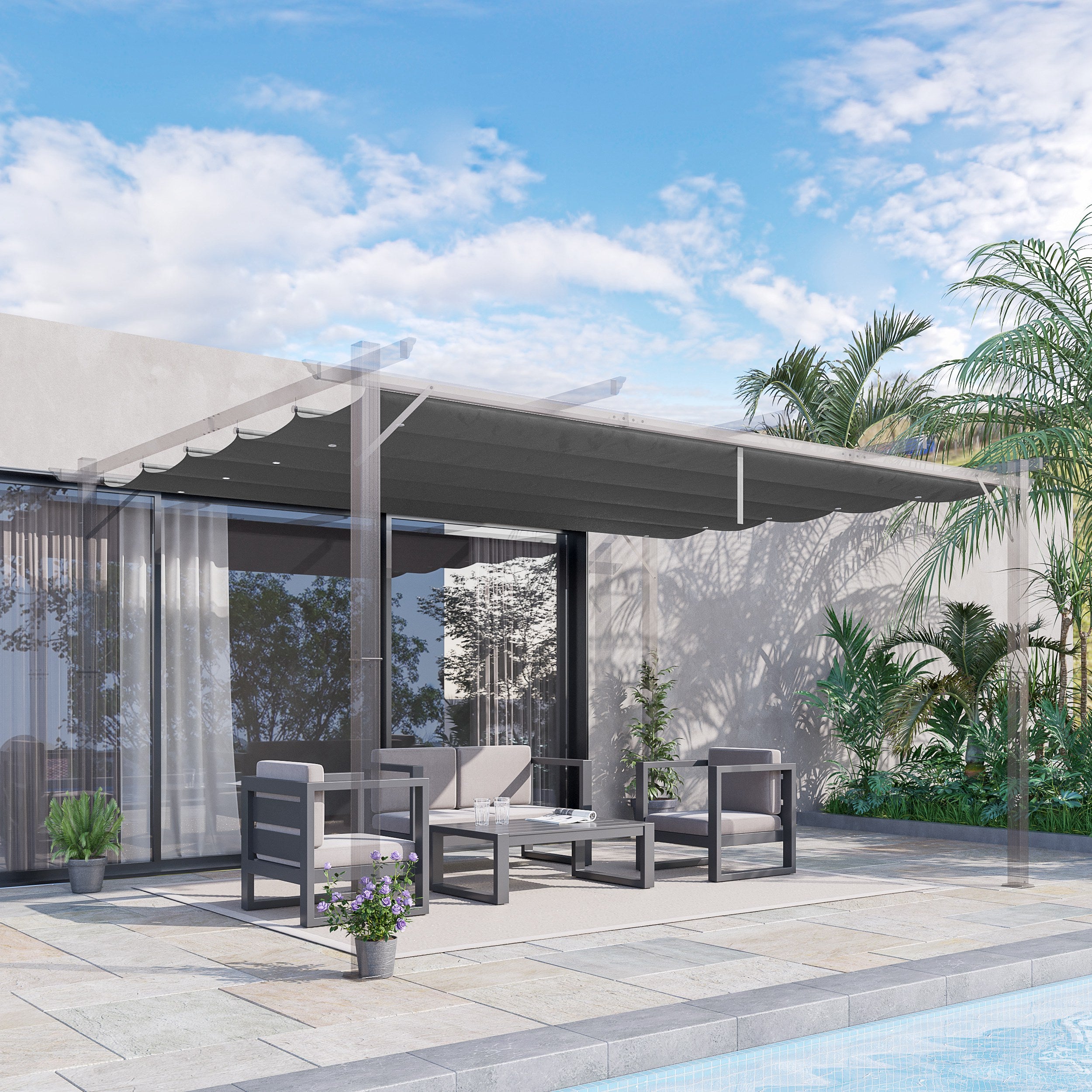 Outsunny Retractable Pergola Shade Cover, Replacement Canopy for 4 x 3 (m) Pergola, Retractable Roof, Dark Grey - anydaydirect