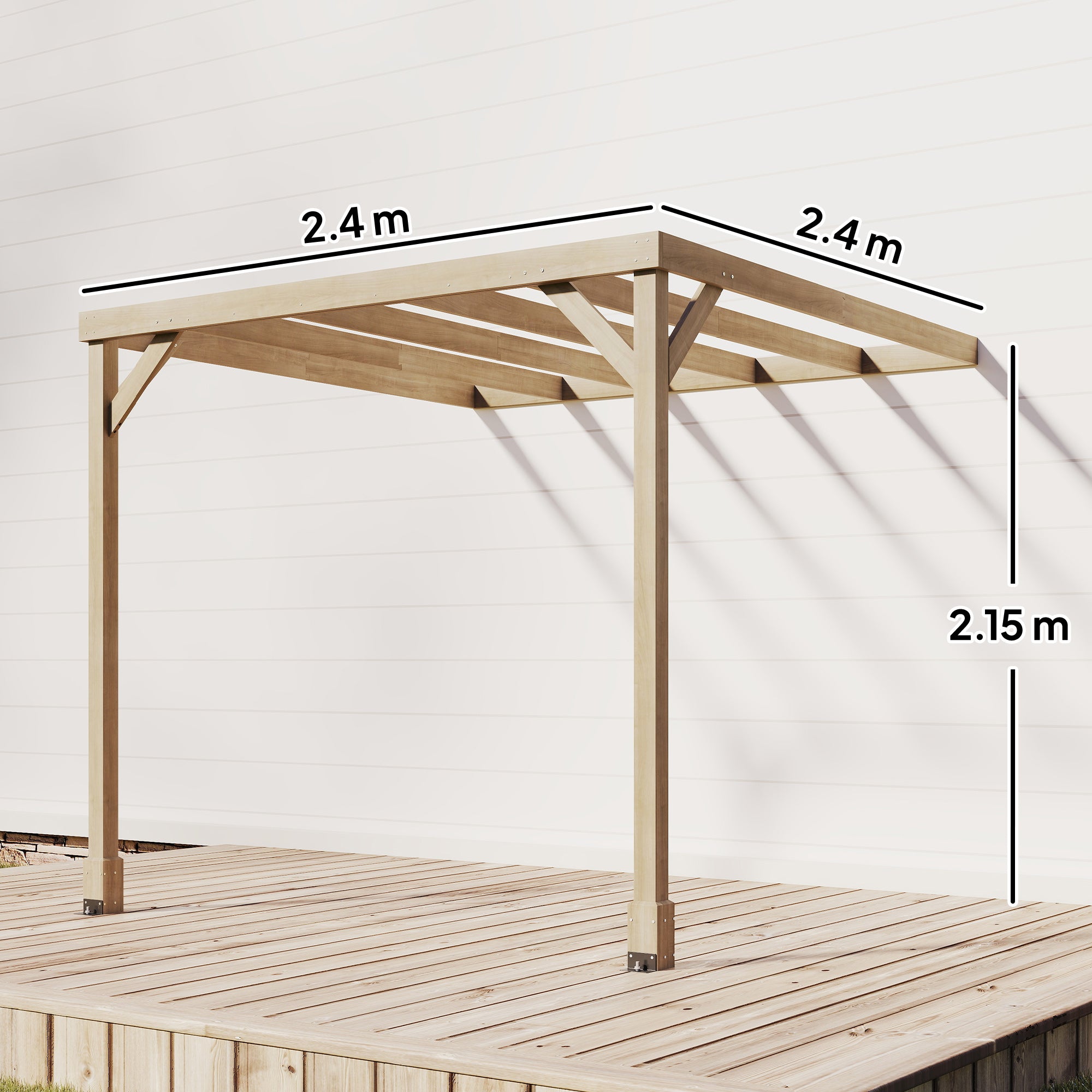 Outsunny Lean-To Wooden Pergola Kit, Decorative Garden Gazebo with Stable Structure and Concrete Anchors, 2.4 x 2.4m, Light Brown - anydaydirect
