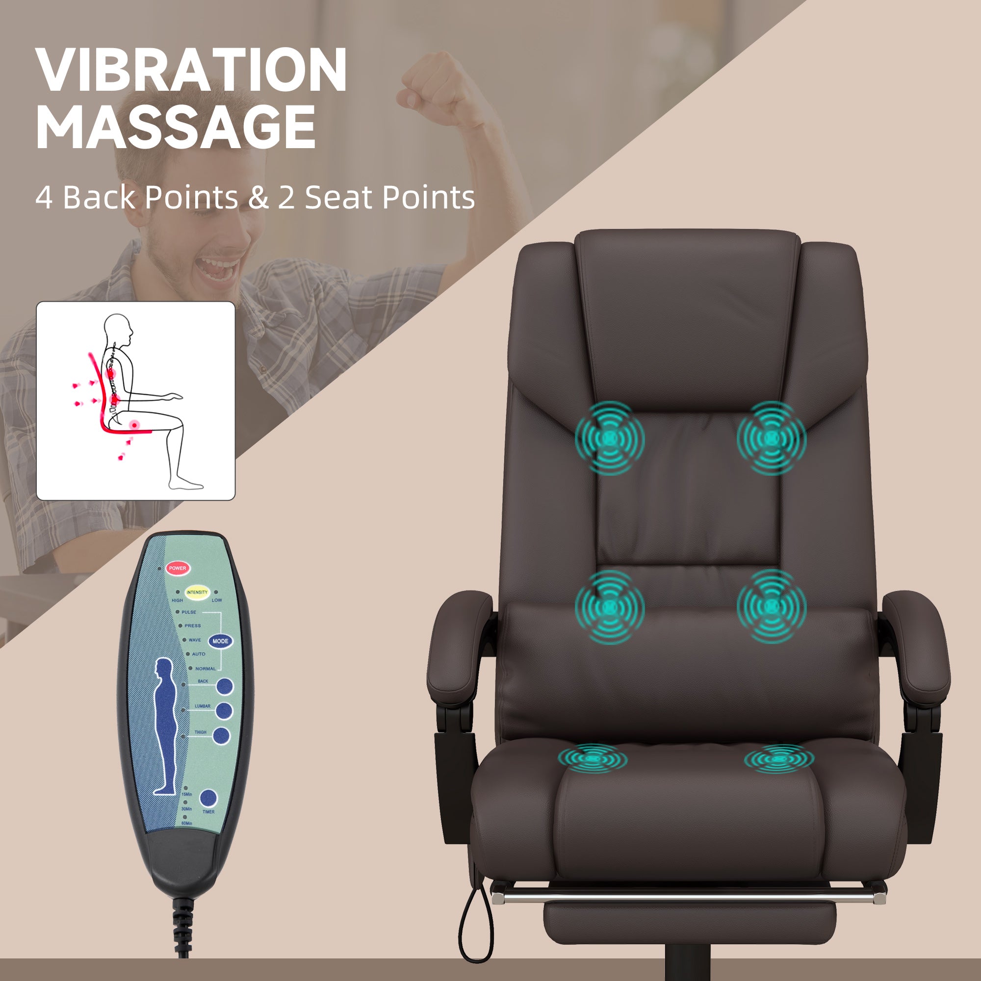 Vinsetto 6-Point Massage Office Chair, PU Leather Desk Chair with Adjustable Height and Footrest for Home Office, Brown - anydaydirect