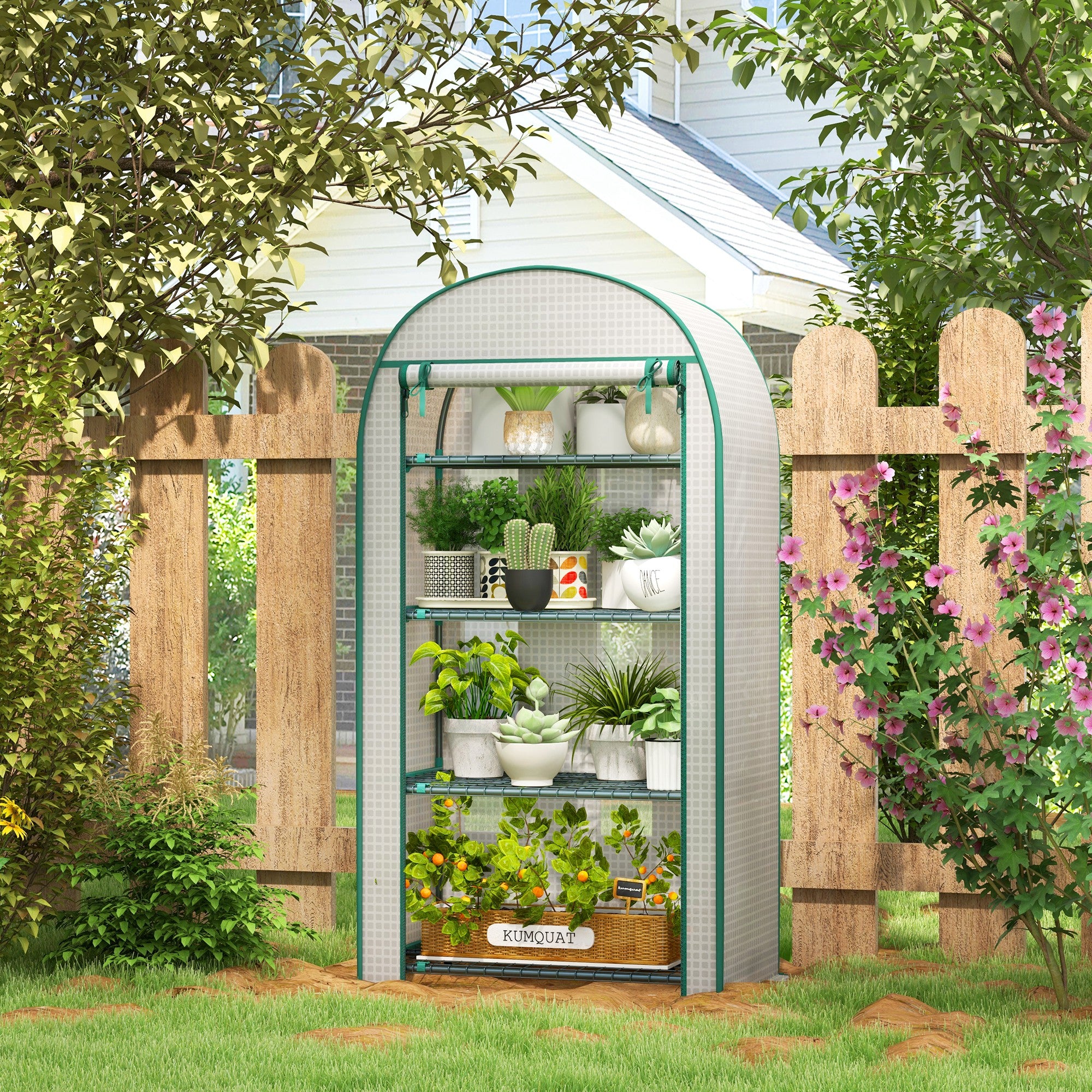 Outsunny 80 x 49 x 160cm Mini Greenhouse for Outdoor, Portable Gardening Plant Green House with Storage Shelf, Roll-Up Zippered Door, Metal Frame and PE Cover, White - anydaydirect
