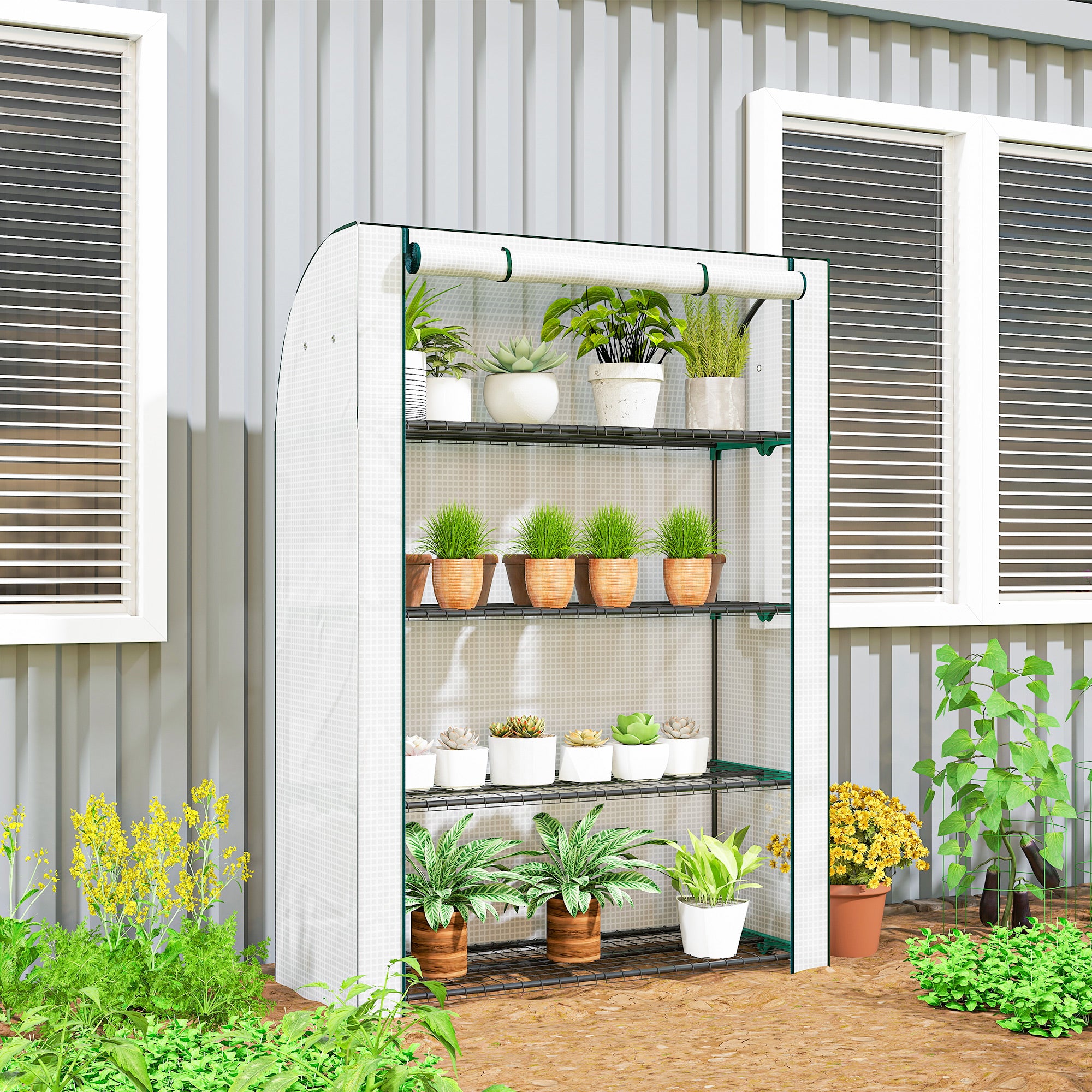 Outsunny Mini Greenhouse with Reinforced PE Cover, Portable Indoor Outdoor Green House with Roll-up Door, 170 x 120 x 50cm, White - anydaydirect
