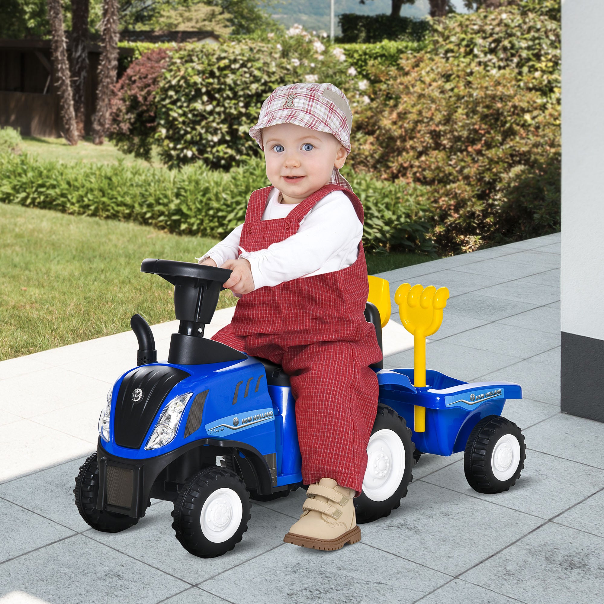 HOMCOM NEW HOLLAND Licensed Toddler Slider Car: Foot-to-Floor with Horn, Large Steering Wheel & Storage, for 12-36 Months, Azure - anydaydirect