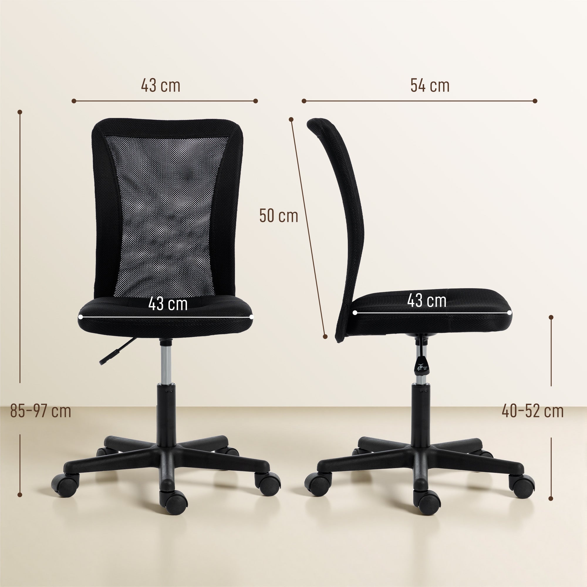 Vinsetto Computer Desk Chair, Armless Mesh Office Chair with Adjustable Height and Rolling Wheels, Black - anydaydirect