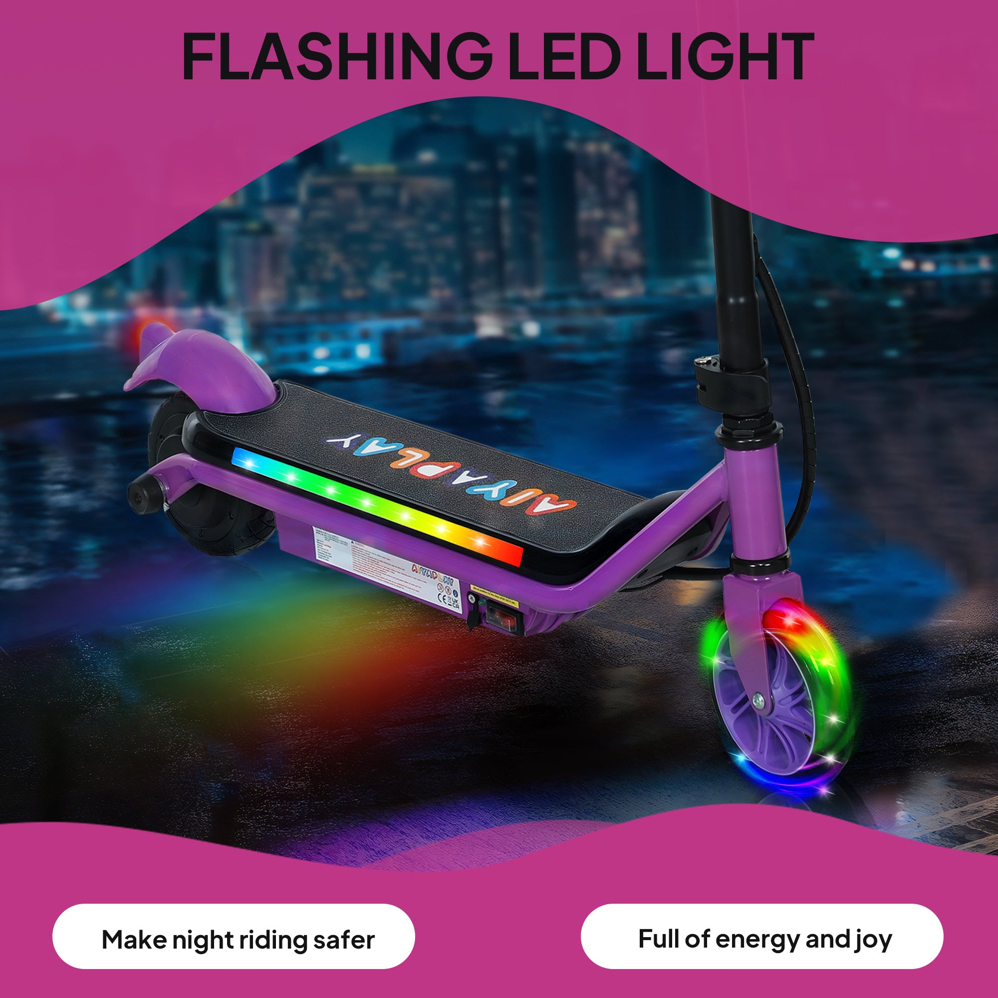 AIYAPLAY Electric Scooter for Kids Ages 6-14, with Dual Brakes, Flash Wheel and Colourful Light, Kids Electric Scooter E Scooter, Up to 12 KM/H & 10 KM, Purple - anydaydirect