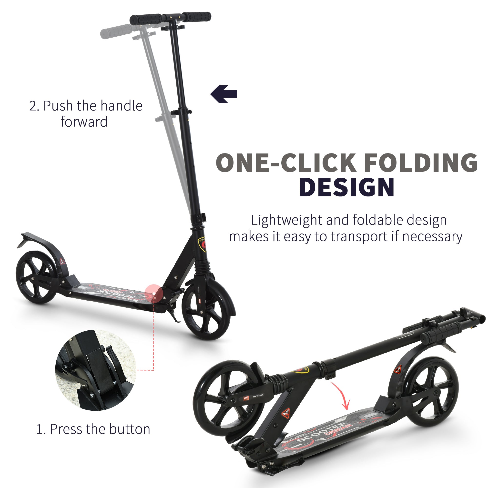 HOMCOM Folding Kick Scooter, Adjustable Ride On Scooter with 200mm Big Wheels and Double Shock Absorption, Urban Scooter for 14+ Teens Adult, Black - anydaydirect