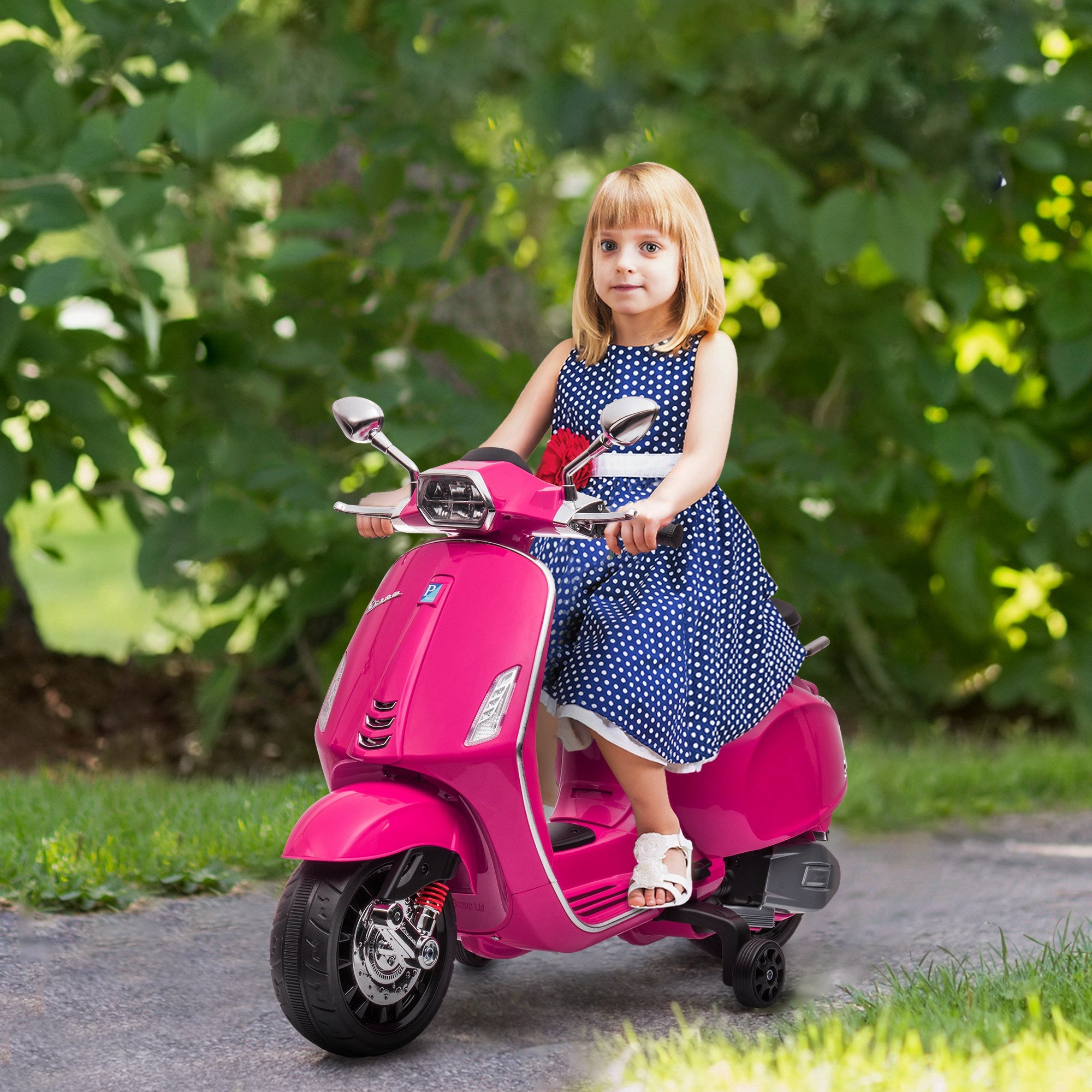 AIYAPLAY 12V Vespa Licensed Kids Electric Motorbike w/ Music, Headlights, FM Radio, for 3-6 Years - Pink - anydaydirect