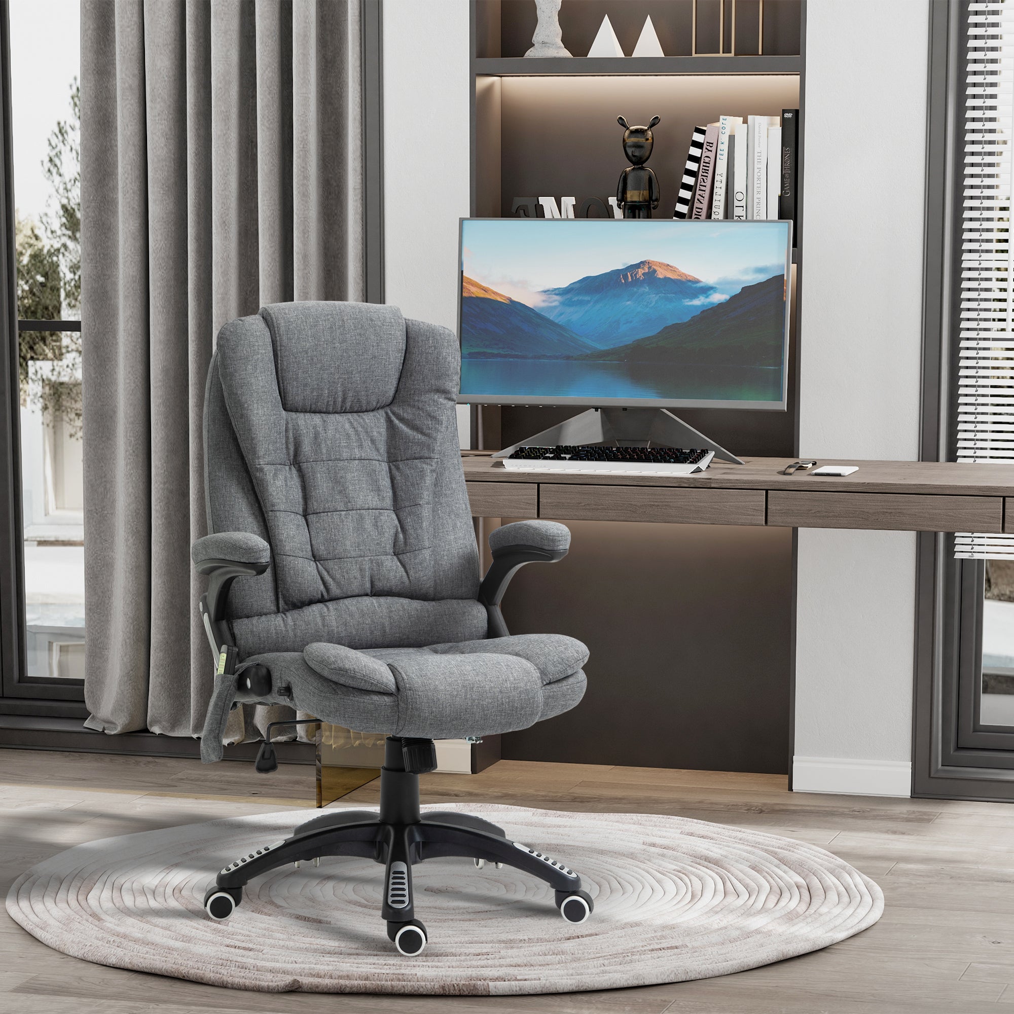 Vinsetto Massage Recliner Chair Heated Office Chair with Six Massage Points Linen-Feel Fabric 360° Swivel Wheels Grey - anydaydirect