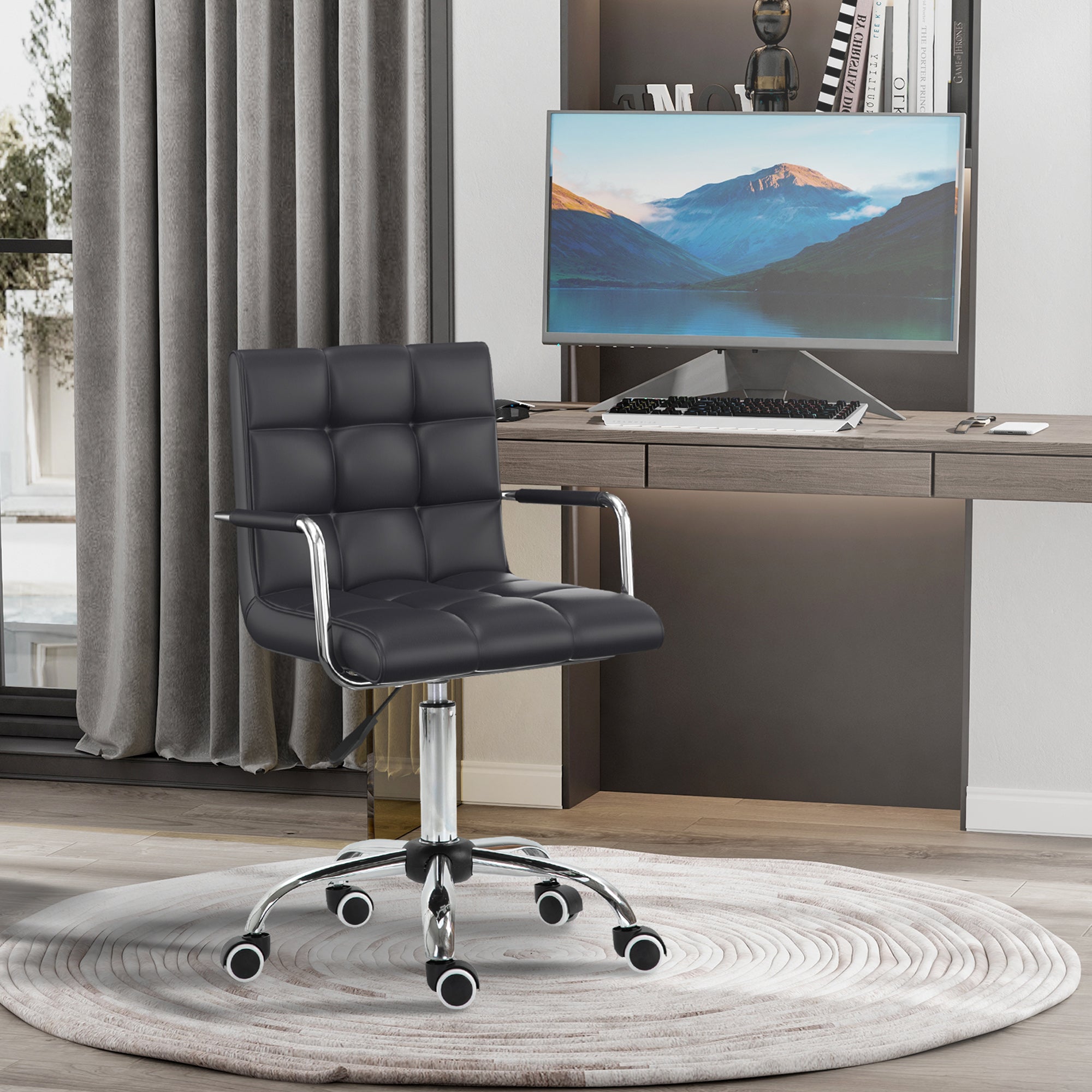 Vinsetto Office Chair, Makeup Vanity Chair, Mid Back Computer Chair, PU Leather Swivel Study Chair with Adjustable Height, Armrest and Rolling Wheels, Black - anydaydirect
