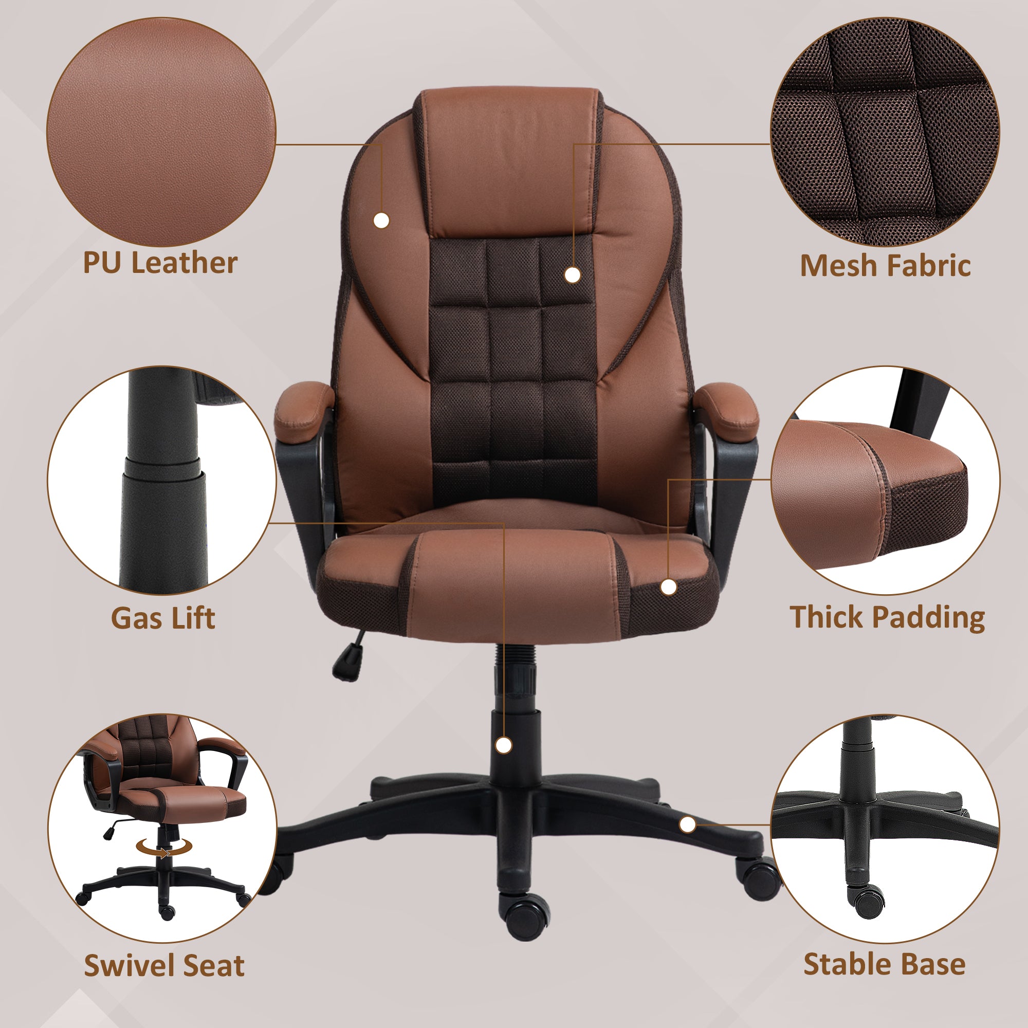 HOMCOM Faux Leather Office Chair - Brown - anydaydirect