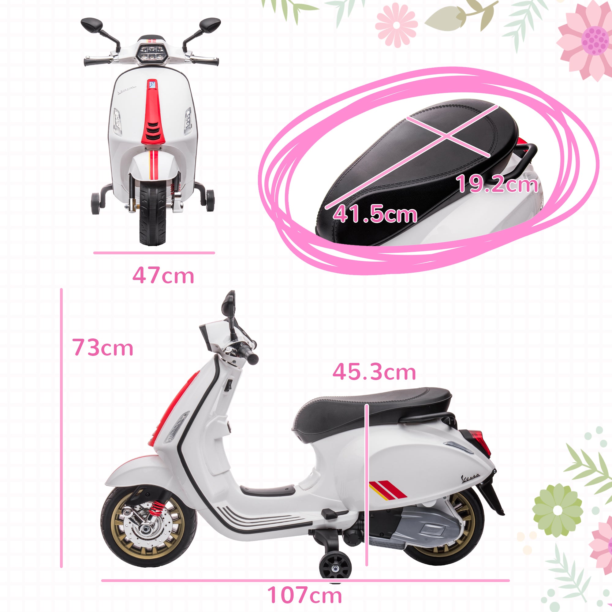 AIYAPLAY 12V Vespa Licensed Kids Electric Motorbike w/ Music, Headlights, FM Radio, for 3-6 Years - White - anydaydirect