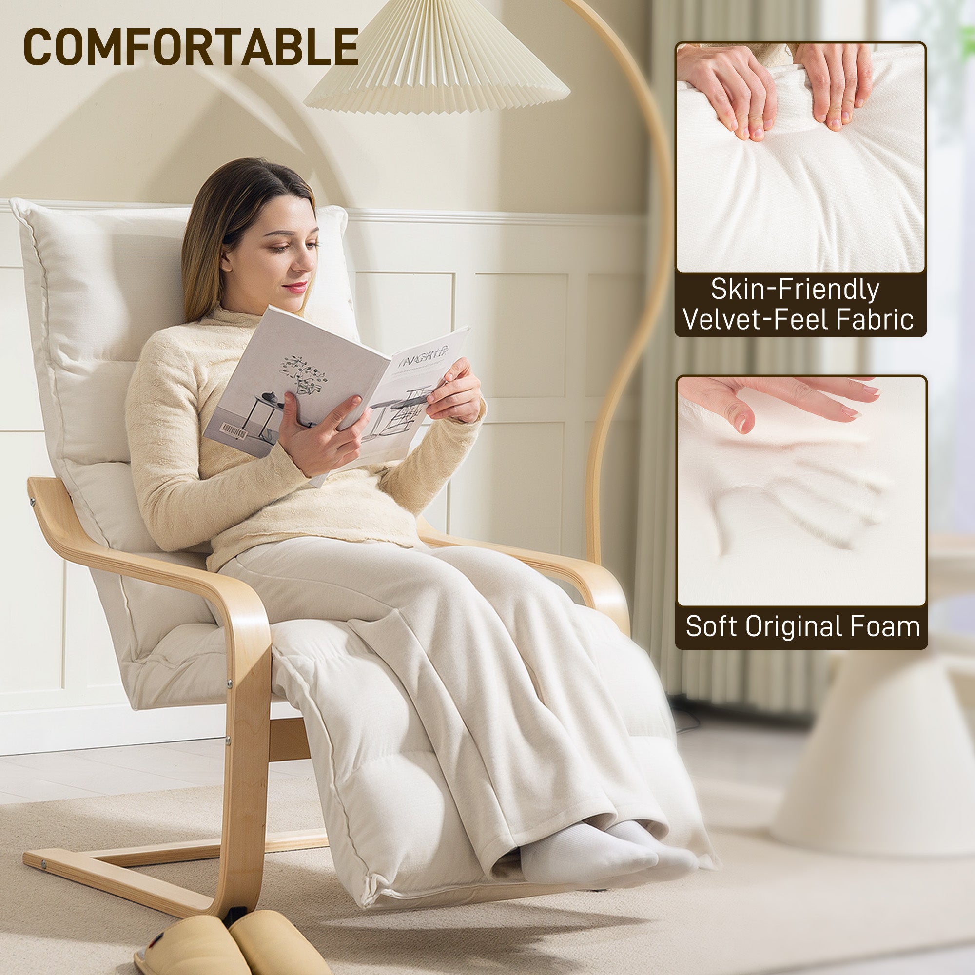 HOMCOM Curved Wooden Accent Chair, with Adjustable Footrest - Cream White - anydaydirect
