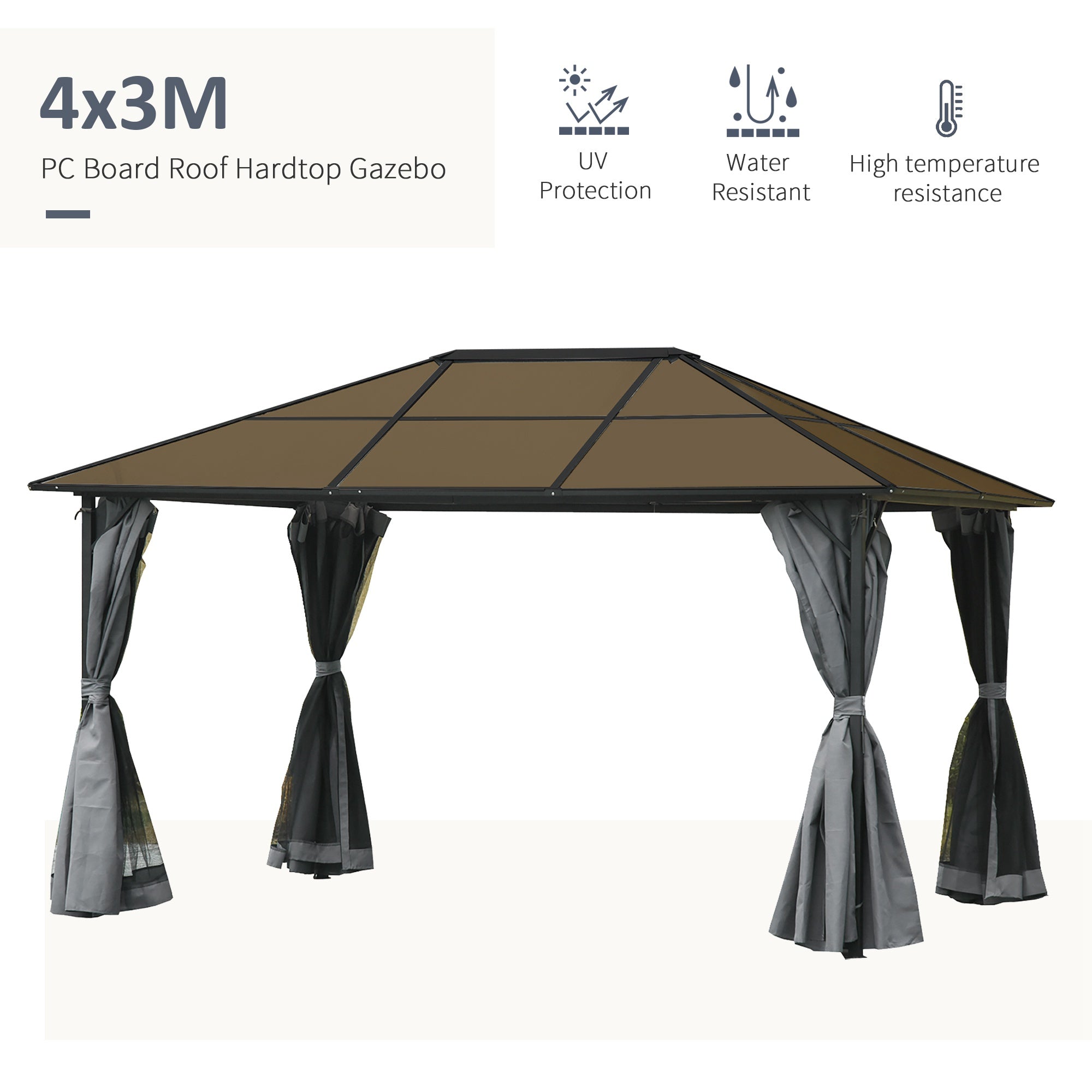 Outsunny 3 x 4m Garden Aluminium Gazebo Hardtop Roof Canopy Marquee Party Tent Patio Outdoor Shelter with Mesh Curtains & Side Walls - Grey - anydaydirect