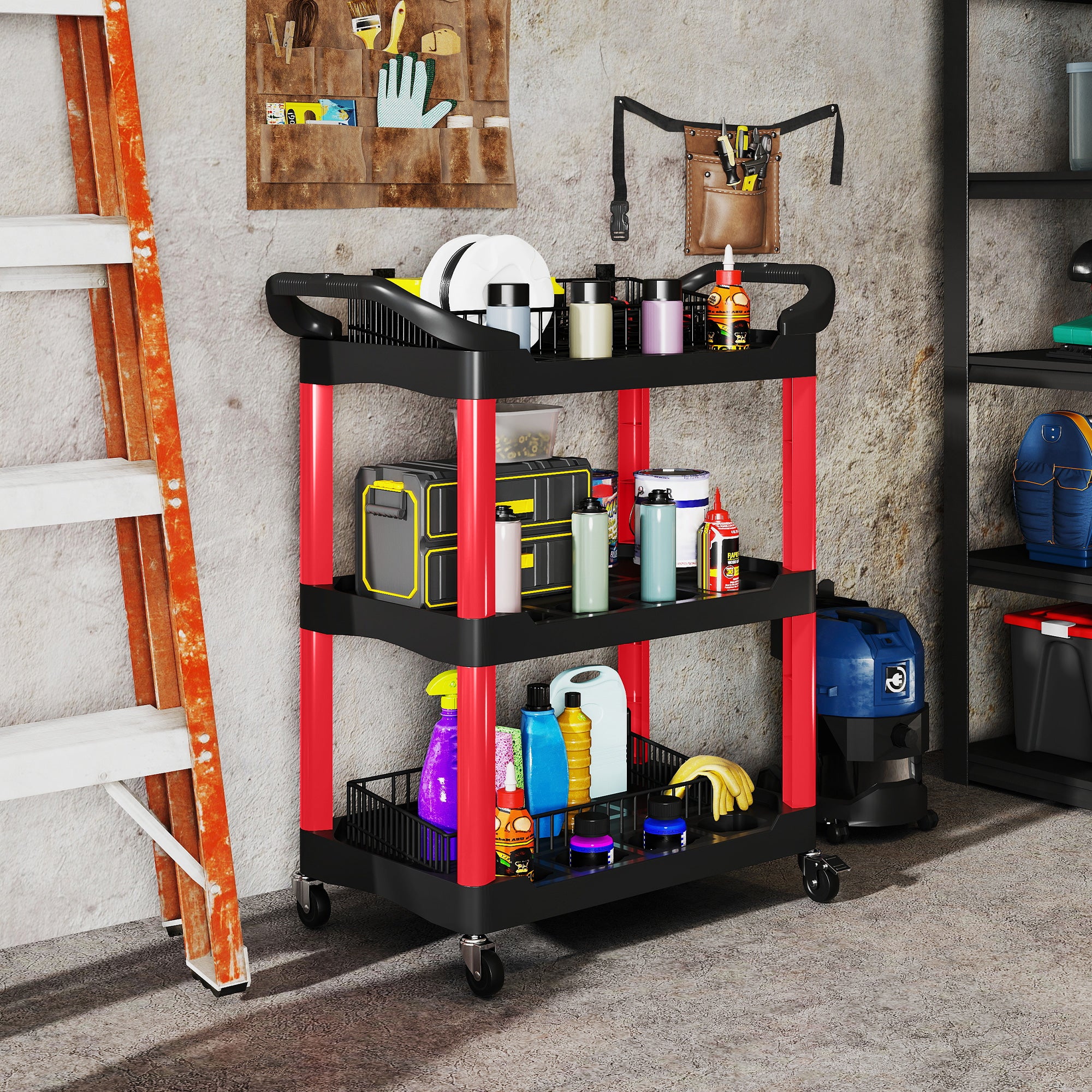 HOMCOM 3-Tier Rolling Tool Cart, Tool Trolley on Wheels, Plastic Mobile Service Utility Cart with Handles for Garage, Mechanics and Warehouse, 91kg Capacity, Black and Red - anydaydirect