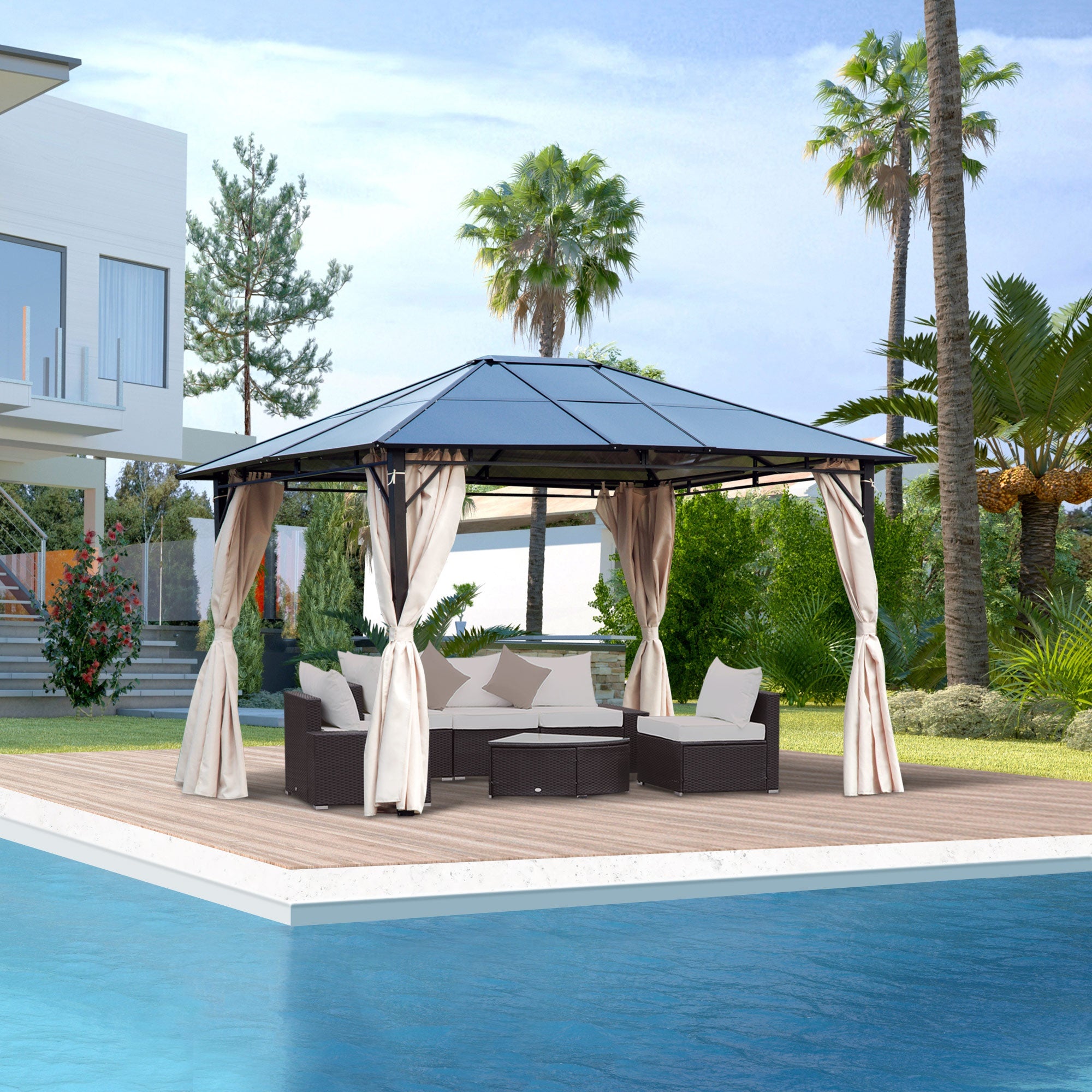 Outsunny 3 x 3.6m Hardtop Gazebo Canopy with Polycarbonate Roof Garden Pavilion with Removable Curtains and Steel Frame, Brown - anydaydirect