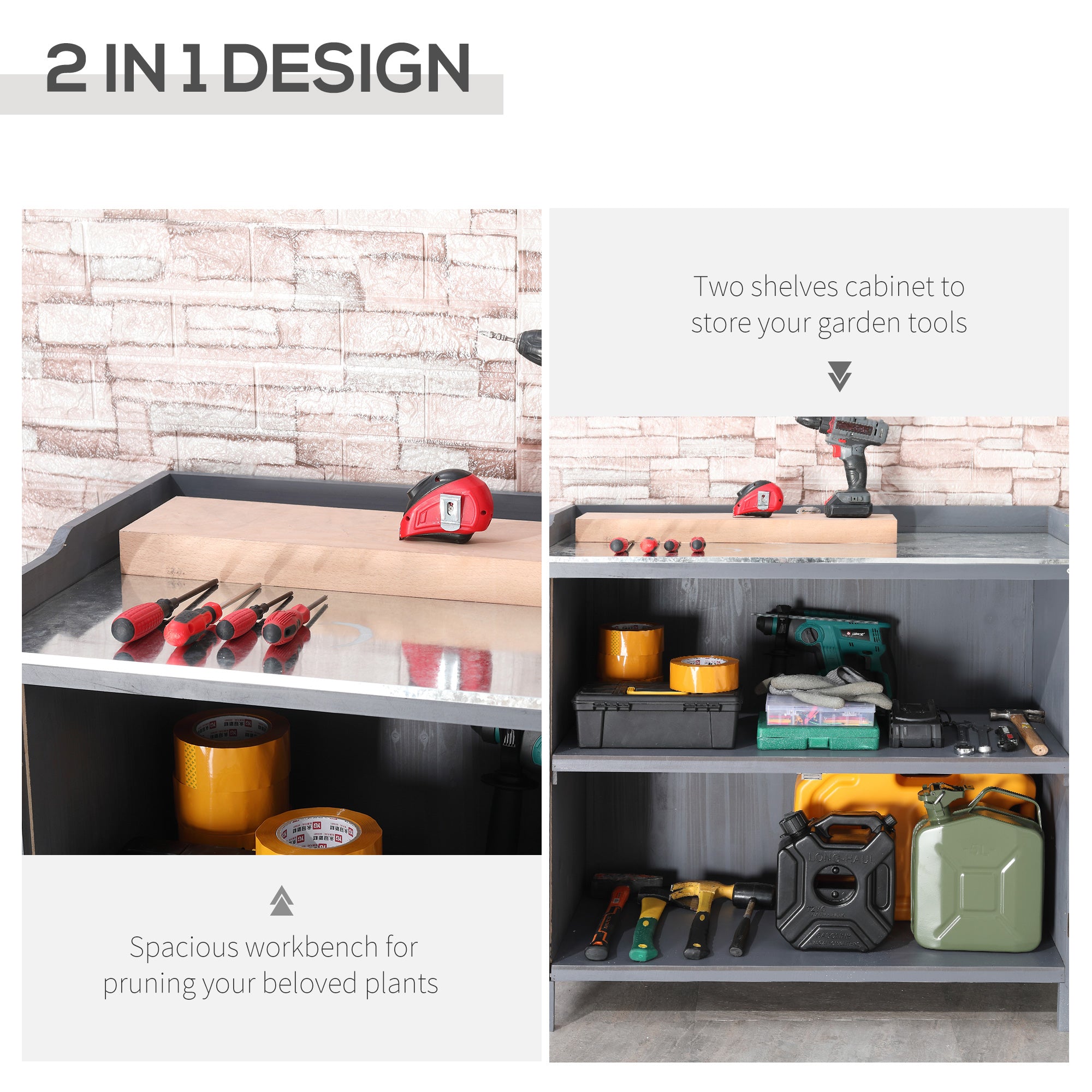 Outsunny Wooden Garden Storage Shed Tool Cabinet Organiser w/ Potting Bench Table, Two Shelves, 98 x 48 x 95.5 cm, Grey - anydaydirect