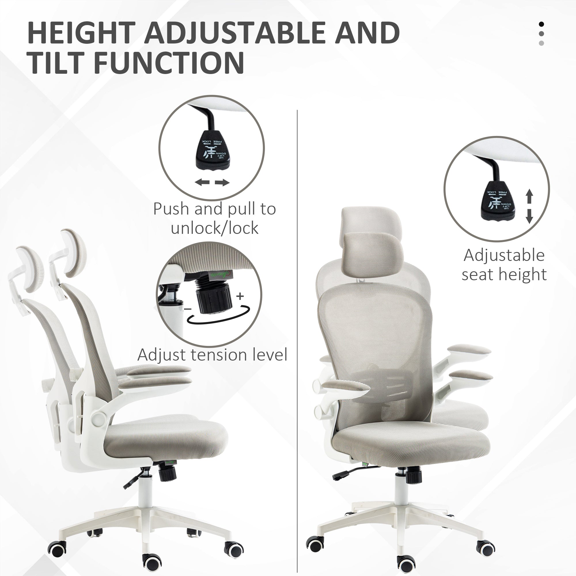 Vinsetto Multi-Adjustable Office Chair, with Lumbar Support, Headrest and Mesh Back - Grey - anydaydirect