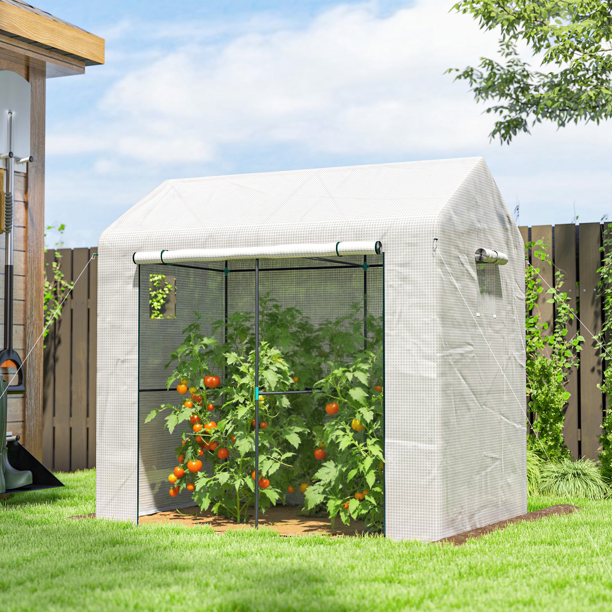 Outsunny Walk-in Greenhouse, Outdoor Tomato Greenhouse with Roll-up Door and Mesh Windows, PE Cover, 200 x 140 x 200cm, White - anydaydirect