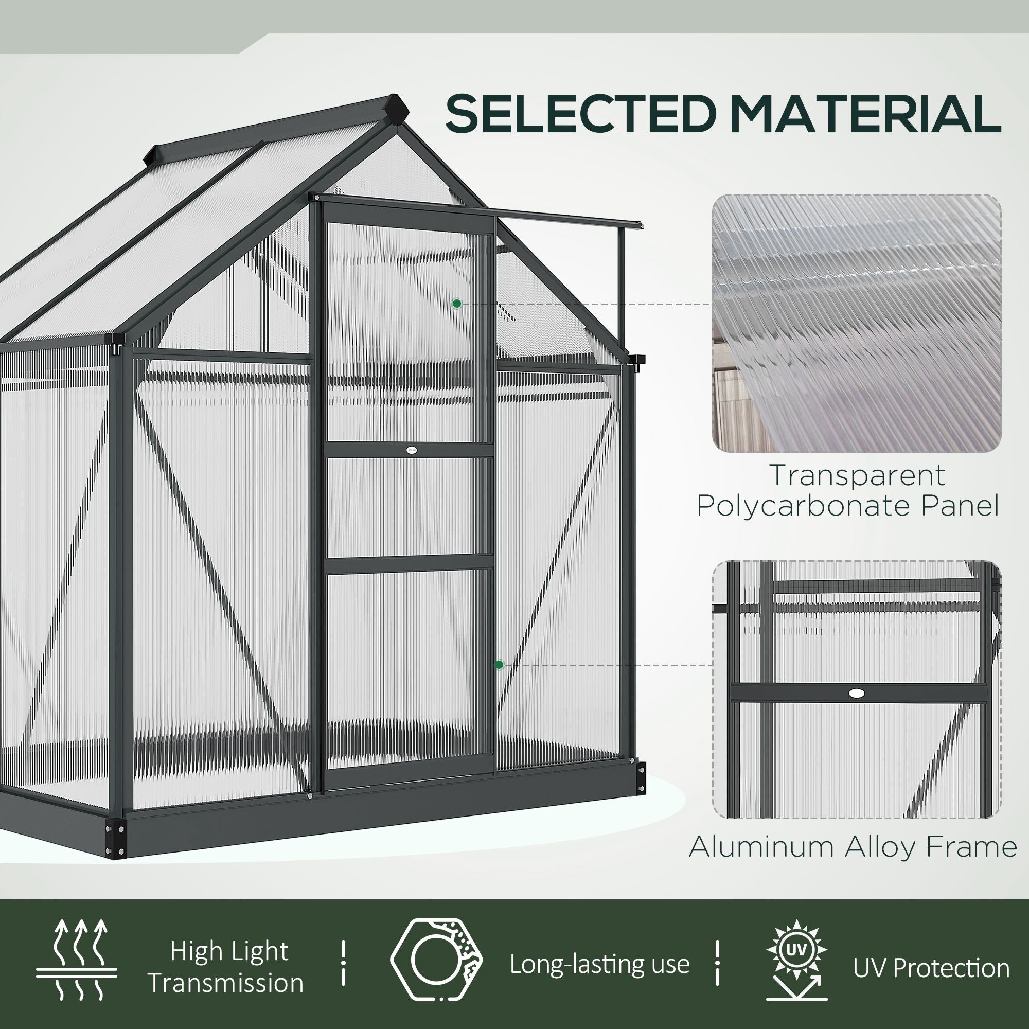 Outsunny 6 x 4ft Polycarbonate Greenhouse, Large Walk-In Green House with Slide Door and Window, Garden Plants Grow House with Aluminium Frame and Foundation, Grey - anydaydirect