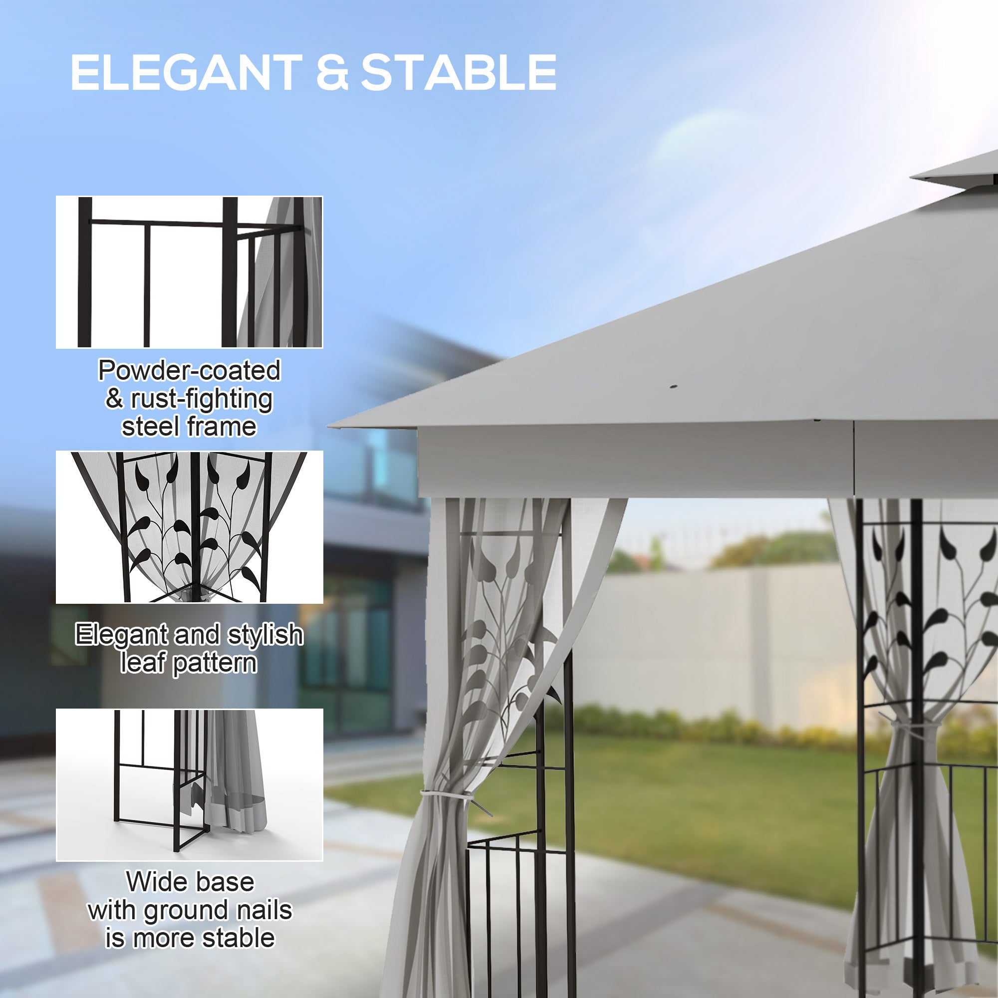 Outsunny 3(m) x 3(m)  Double Roof Outdoor Garden Gazebo Canopy Shelter with Netting, Solid Steel Frame, Light Grey - anydaydirect