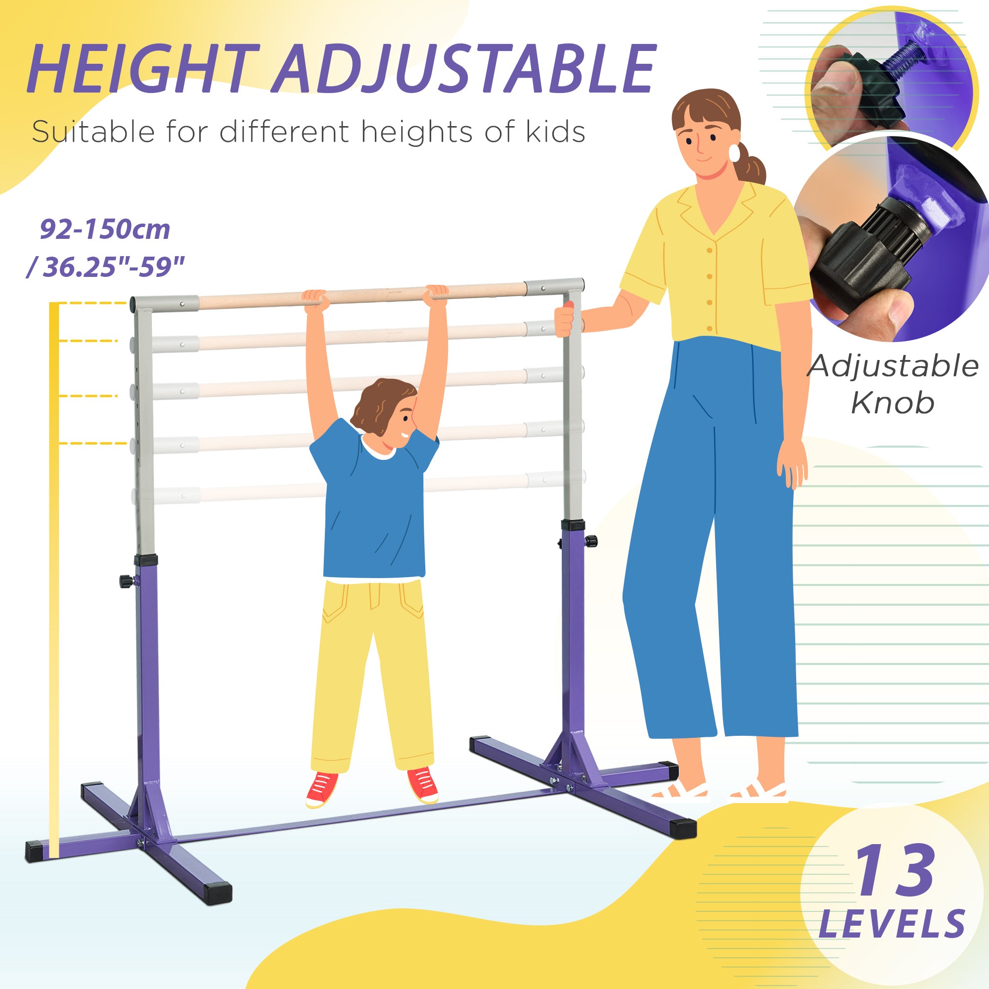 HOMCOM Steel Frame Adjustable Horizonal Gymnastics Bar For Kids Home Gym Training Purple - anydaydirect