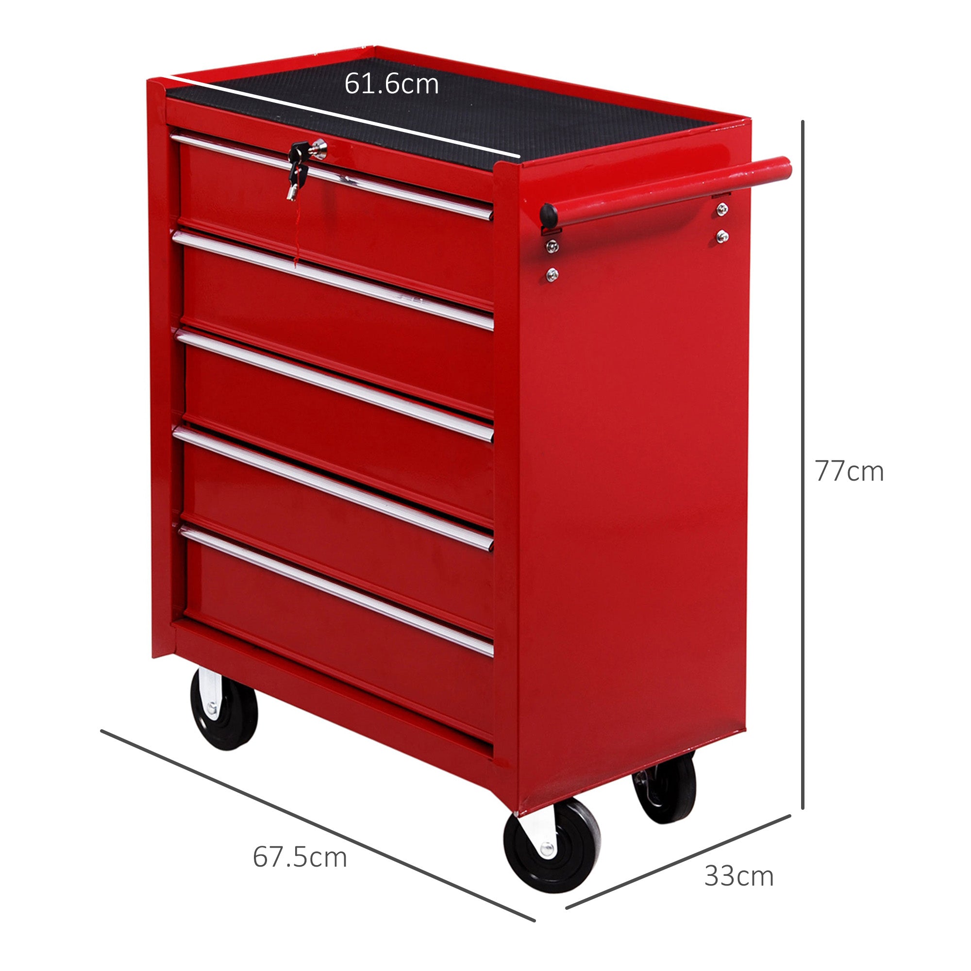 HOMCOM 5 Drawer Tool Chest on Wheels, Lockable Steel Tool Trolley with Side Handle for Workshop, Garage, Red - anydaydirect