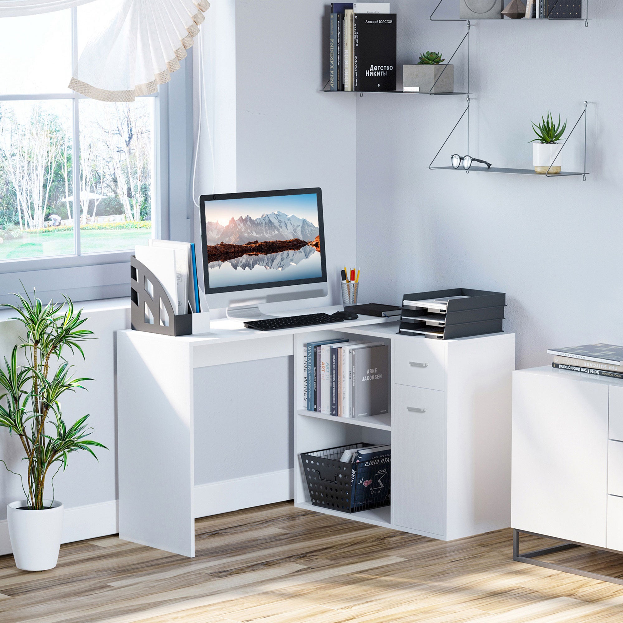 HOMCOM L-Shaped Desk, Corner Computer Desk, Adjustable Study Table with Storage Shelf, Drawer and Cabinet, Workstation for Home Office, White Wood Grain - anydaydirect