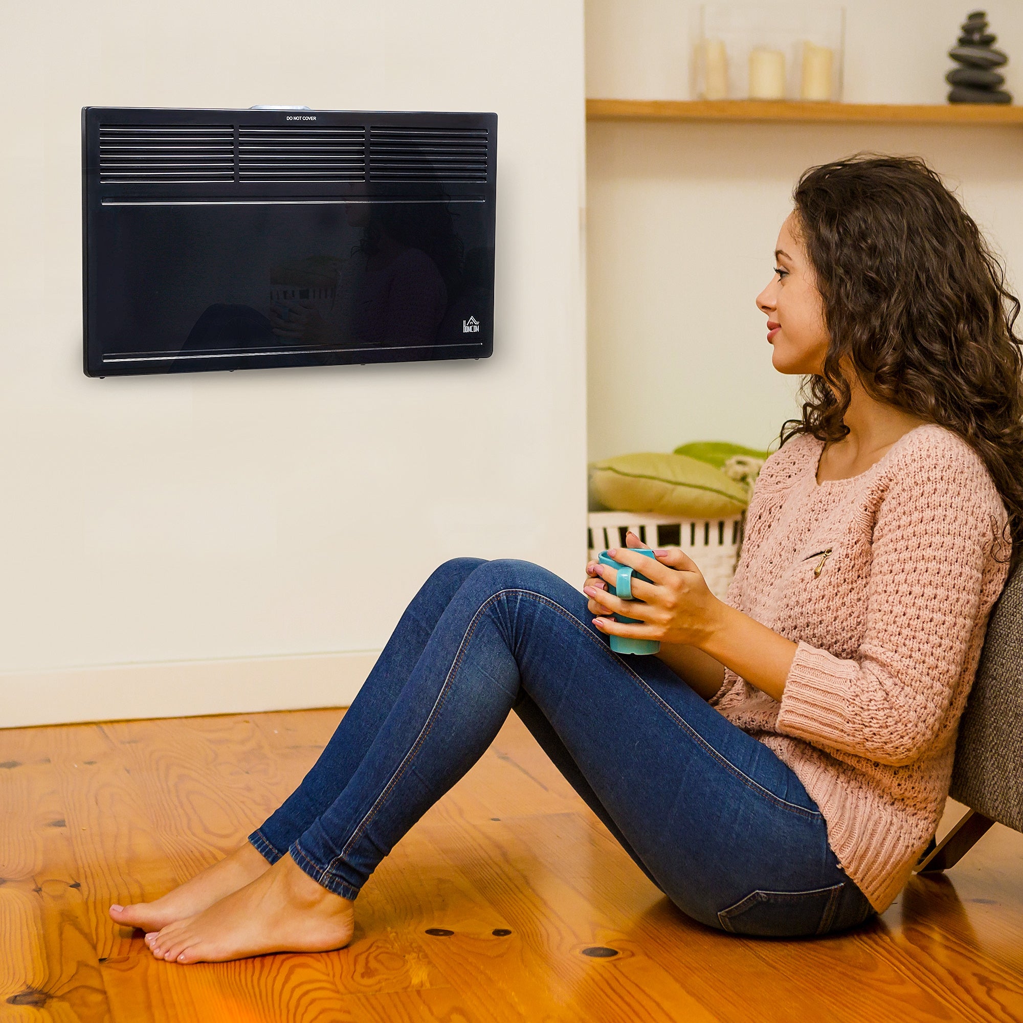 HOMCOM POWER Convector Radiator Freestanding or Wall-mounted Heating with 2 Heat Settings Safety Cut-Off, Black - anydaydirect
