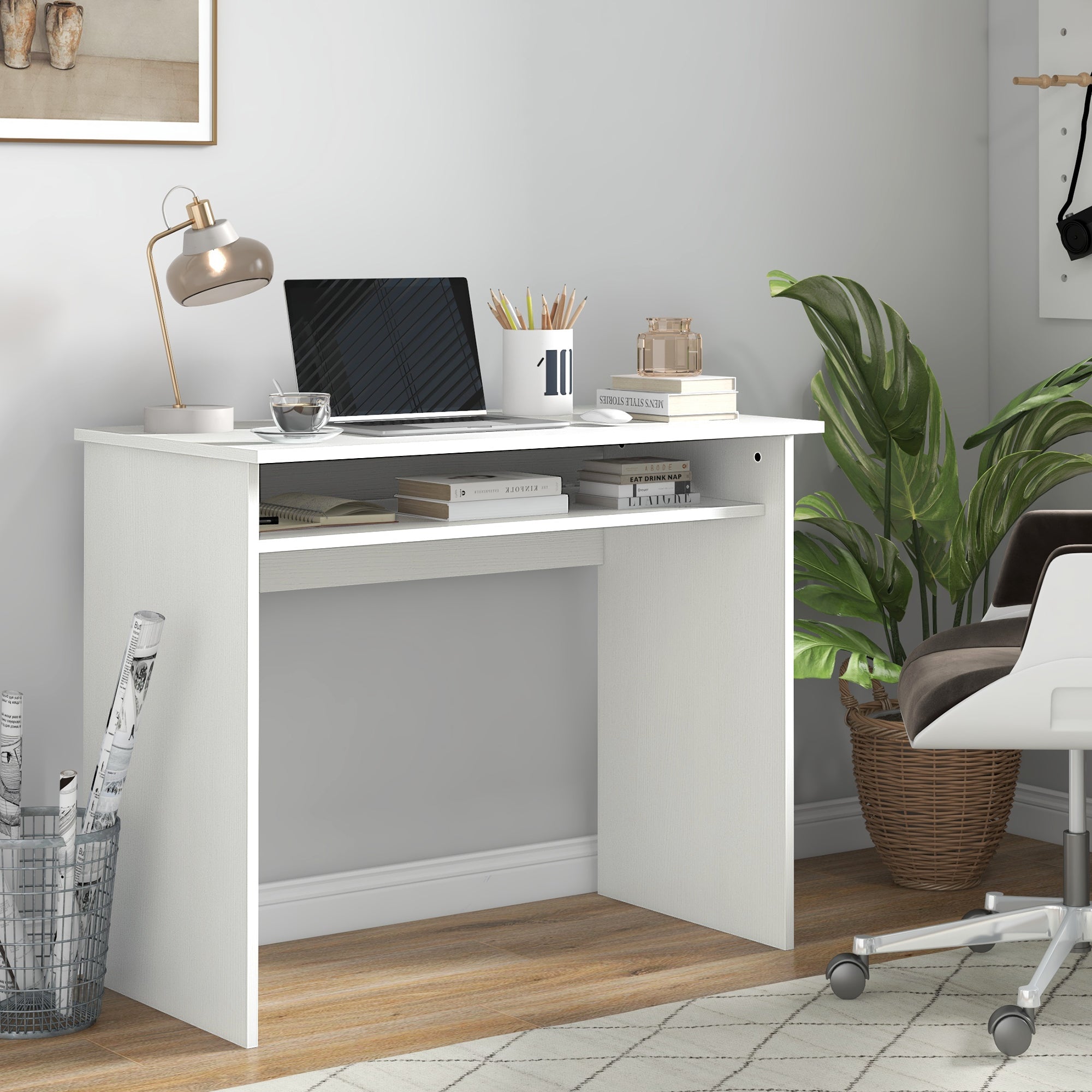 HOMCOM Modern Computer Desk, Home Office Table, Small Writing Desk with Storage Shelf, 90 x 50cm, White Wood Grain - anydaydirect
