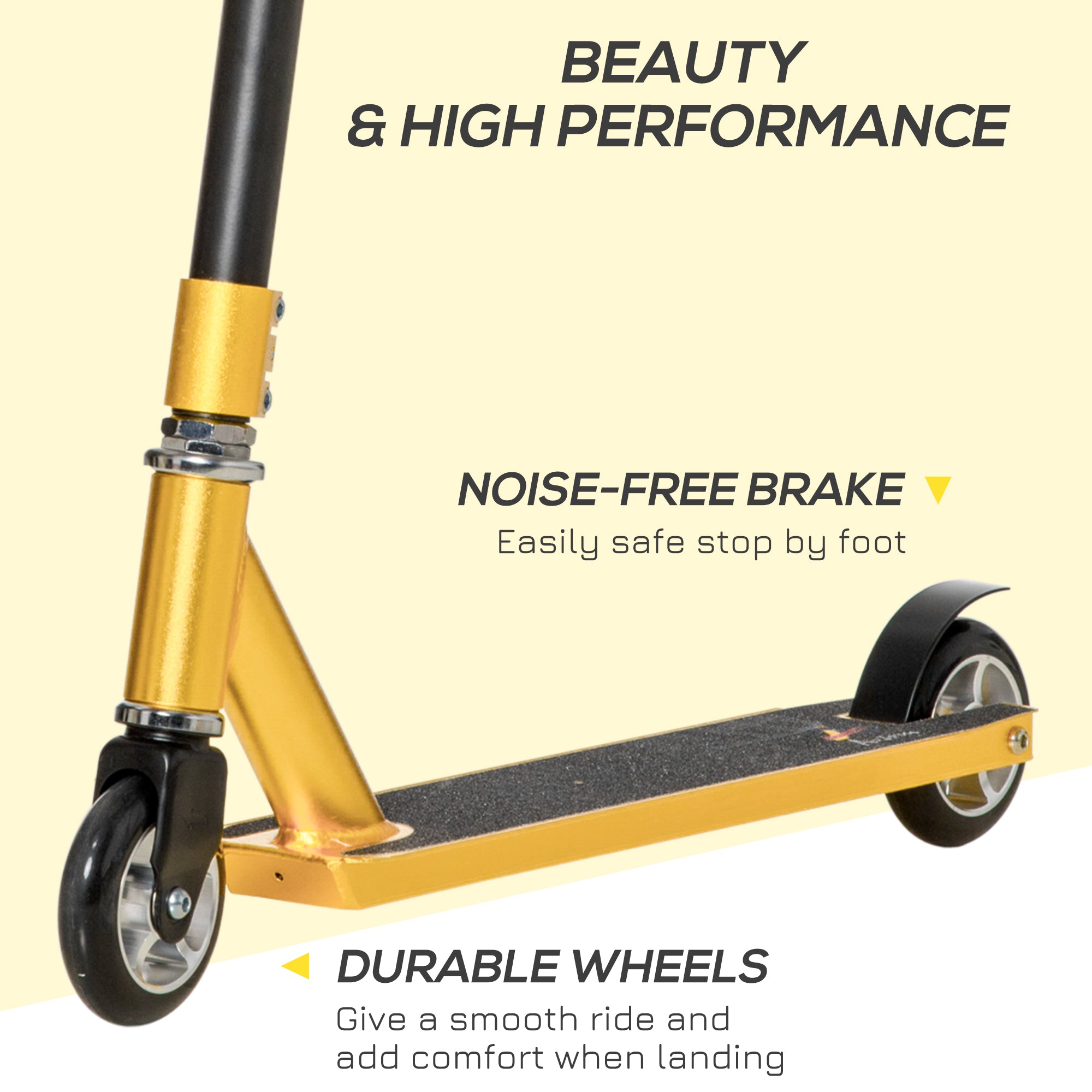 HOMCOM Stunt Scooter, 360° Entry Level Tricks Scooter w/ Lightweight Aluminium Deck and ABEC 7 Bearing, For Age 14+ Beginners, Gold Tone - anydaydirect