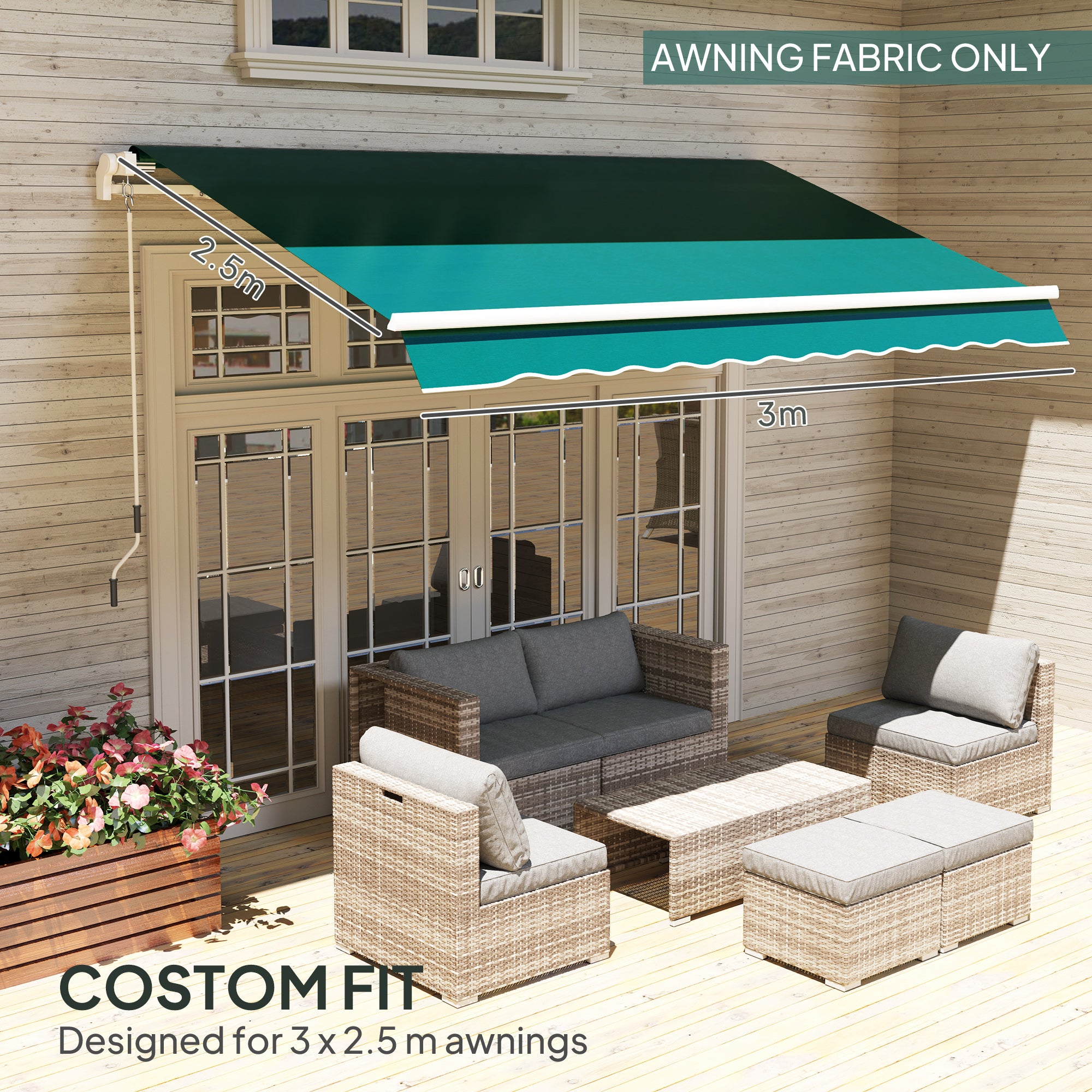 Outsunny Awning Replacement Canopy, Water Resistant UPF 50+ Sun Shade Cover for 3 x 2.5 m Garden Awning (Fabric Only), Green - anydaydirect