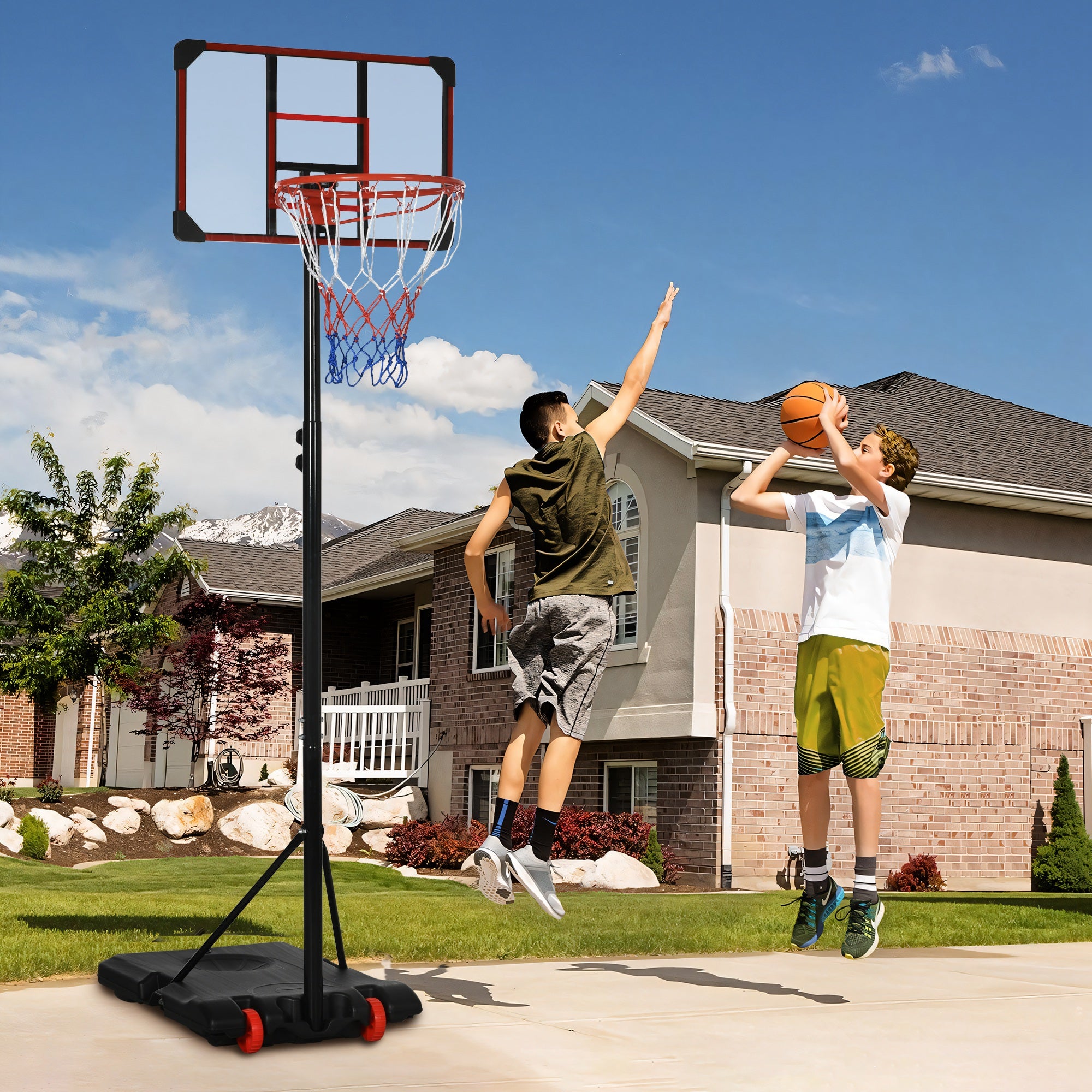 SPORTNOW Height Adjustable Basketball Hoop and Stand with Firm Backboard and Weighted Base, Portable on Wheels, Red - anydaydirect