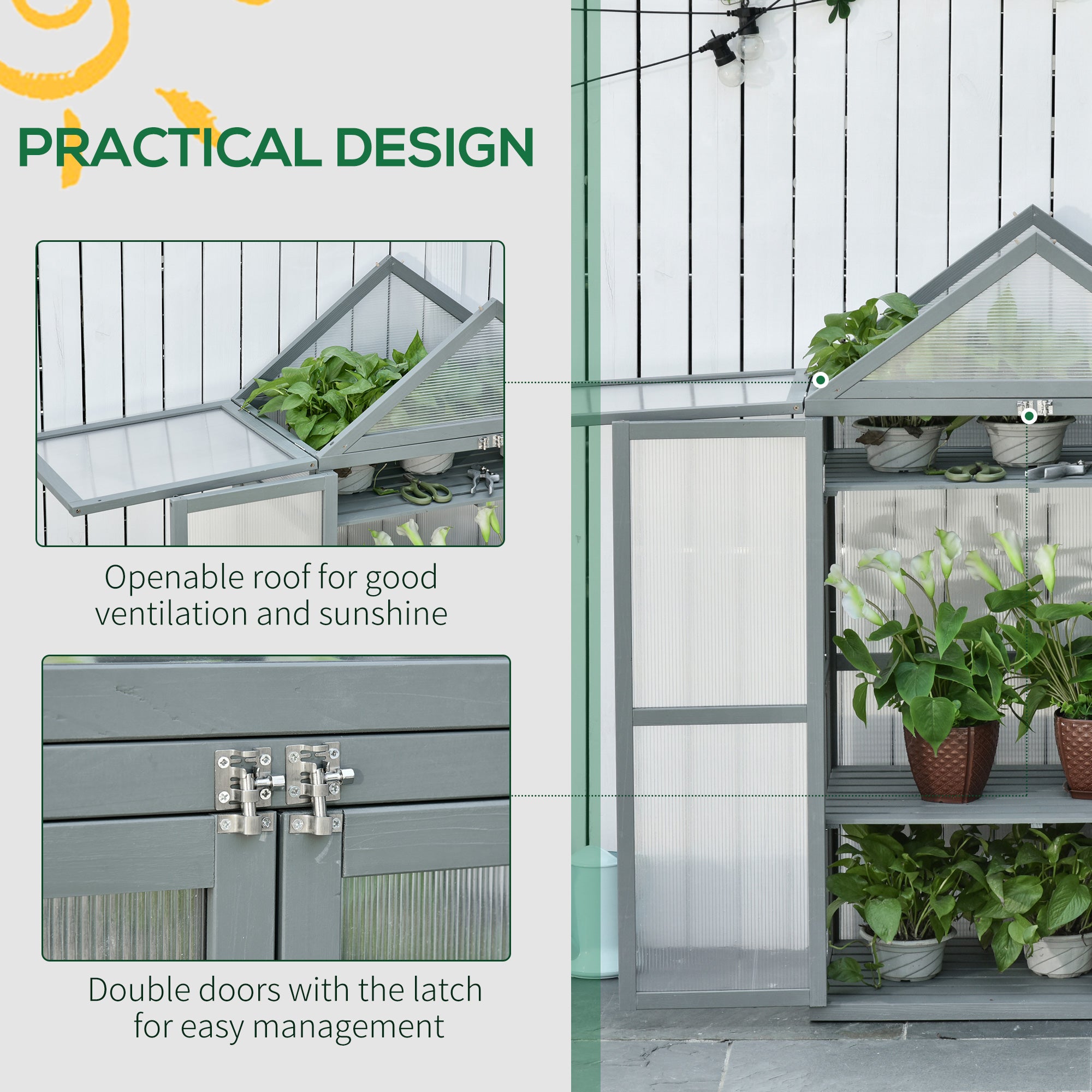 Outsunny Garden Cold Frame Polycarbonate Greenhouse with Adjustable Shelves, Double Doors, Openable Top Covers, Grow House for Flower Vegetable Plants, 80 x 47 x 138cm, Grey - anydaydirect