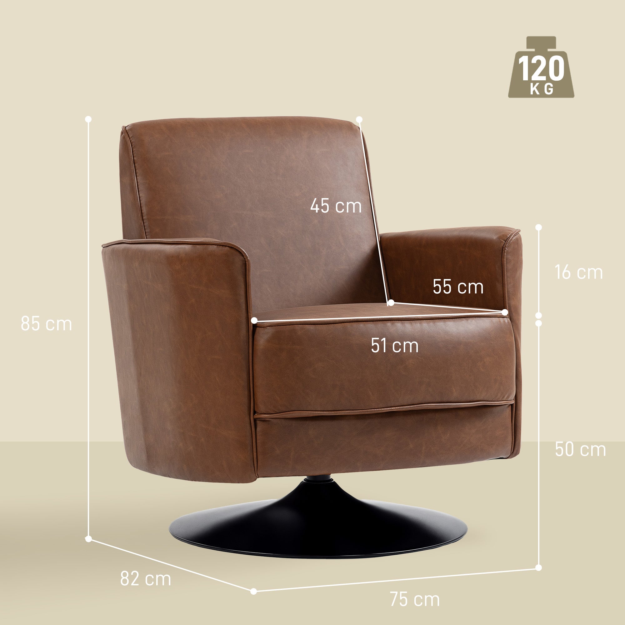 HOMCOM Upholstered Swivel Accent Chair with Thick Padding, Brown - anydaydirect