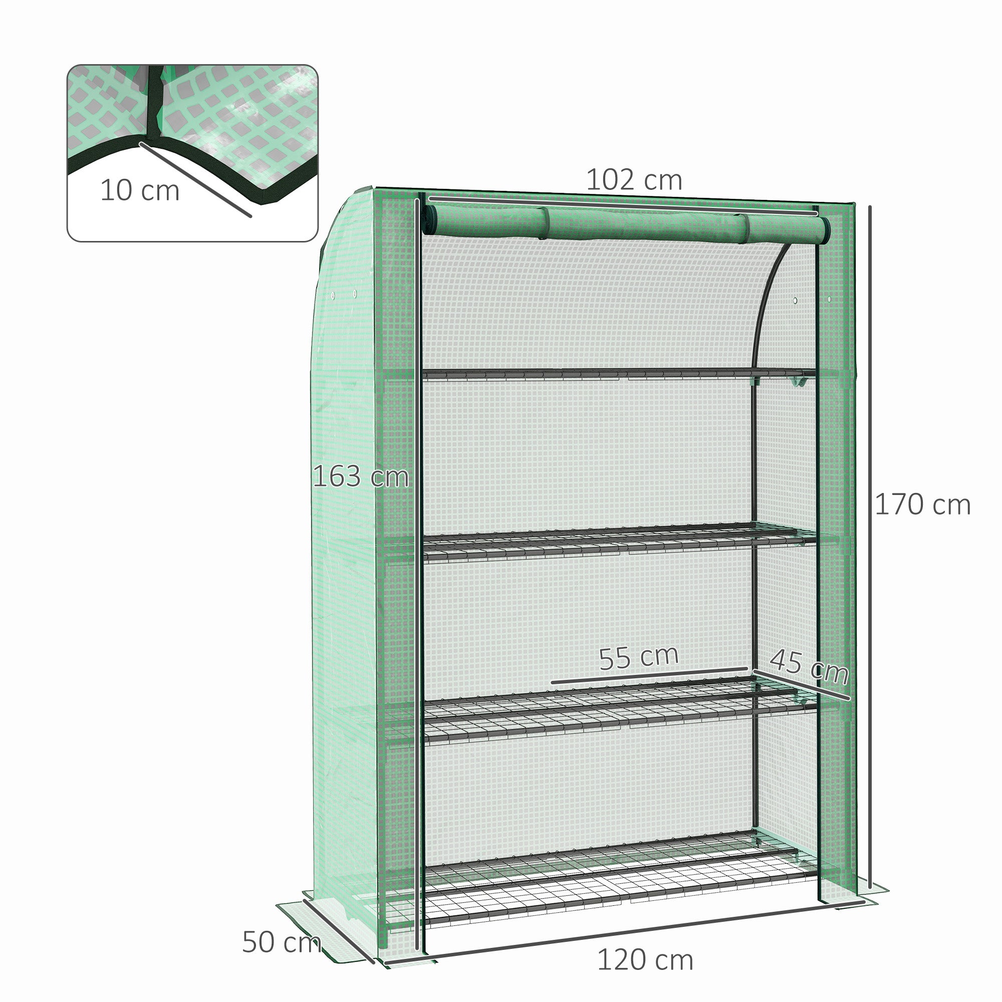 Outsunny 4 Tier Mini Greenhouse with Reinforced PE Cover, Portable Indoor Outdoor Green House with Roll-up Door and Wire Shelves, 170H x 120W x 50Dcm, Green - anydaydirect