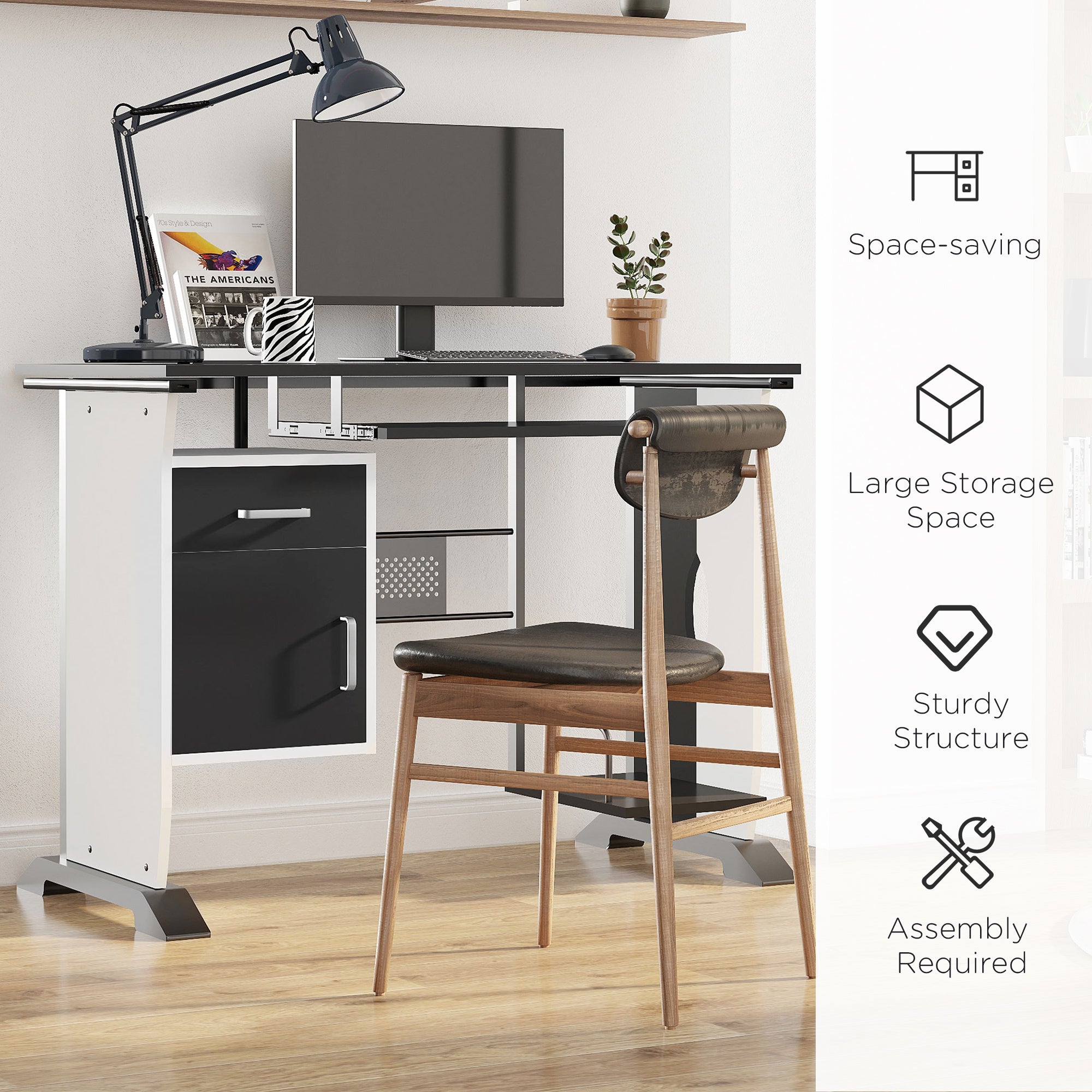 HOMCOM Computer Desk with Sliding Keyboard Tray, Storage Drawers and Host Box Shelf, Home Office Desk, Study Workstation, 100 x 52 x 75cm, Black - anydaydirect