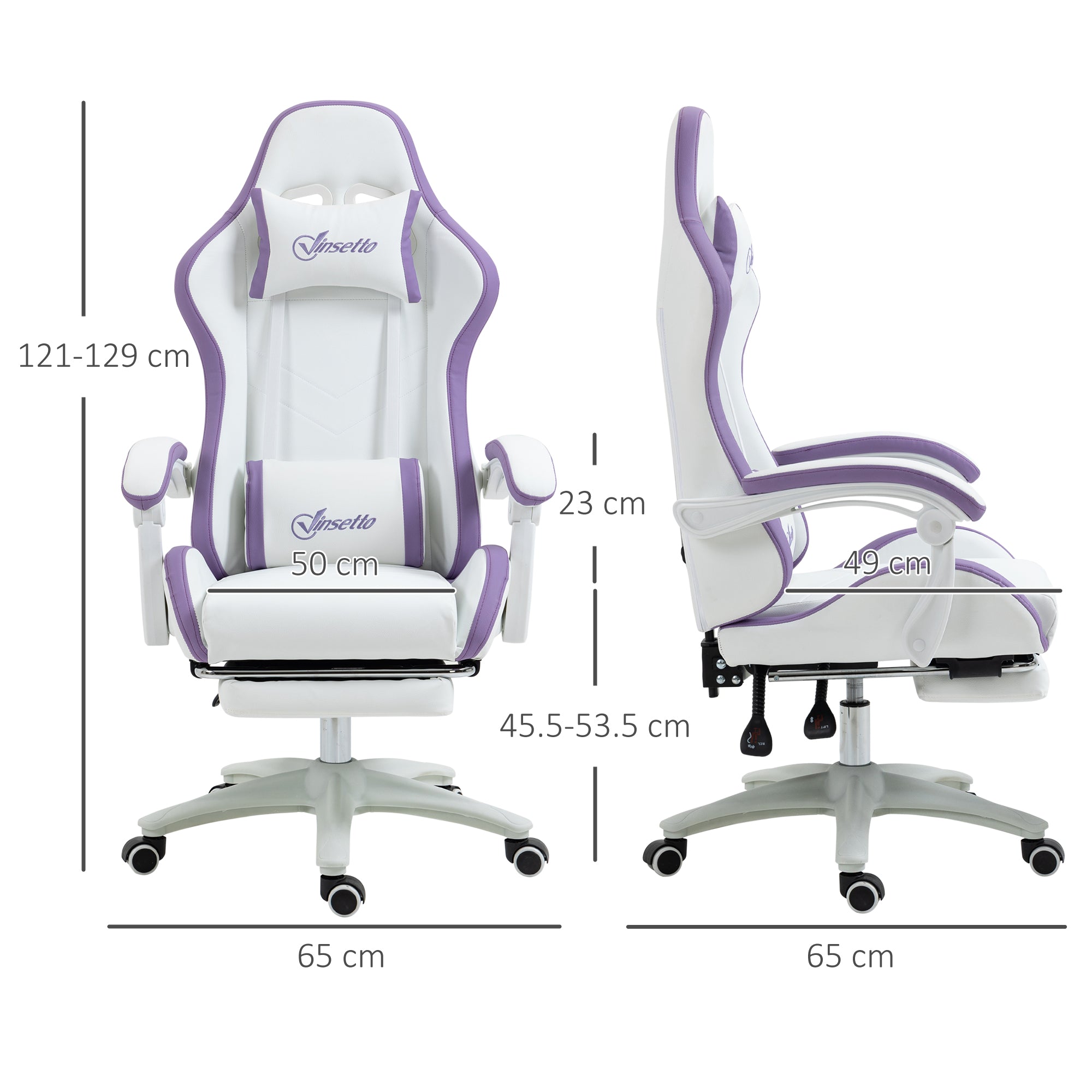 Vinsetto Computer Gaming Chair, PU Leather Desk Chair with Footrest, Swivel Task Chair with 135° Reclining Back and Lumbar Support, PC Chair for Adults, White and Purple - anydaydirect