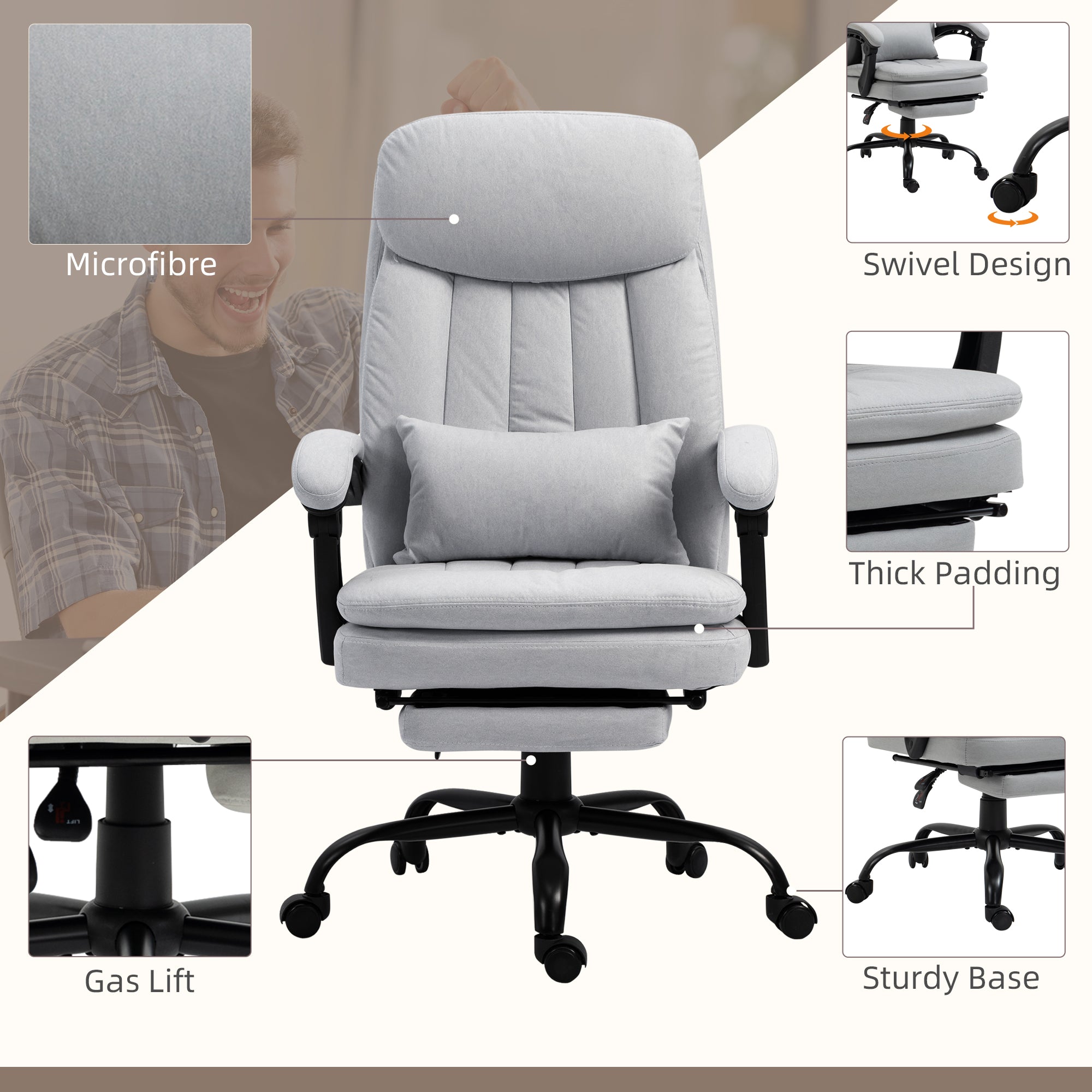 Vinsetto Office Chair, Ergonomic Desk Chair with 6-Point Vibration Massage and Lumbar Heating, Computer Chair with Lumbar Support Pillow, 155° Reclining Back and Footrest, Grey - anydaydirect