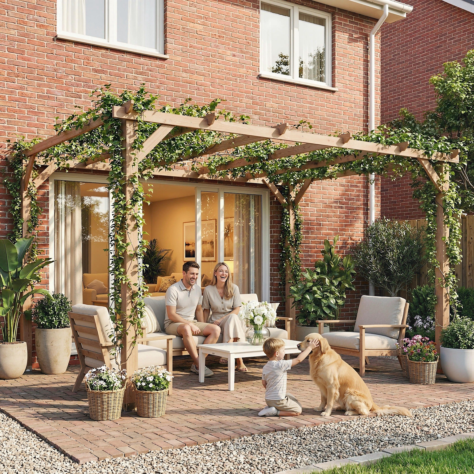 Outsunny 4 x 3 m Wooden Pergola Kit, Garden Pergola Gazebo Grape Trellis with Triangle Supports, 6 Beams, Maple Wood-effect - anydaydirect
