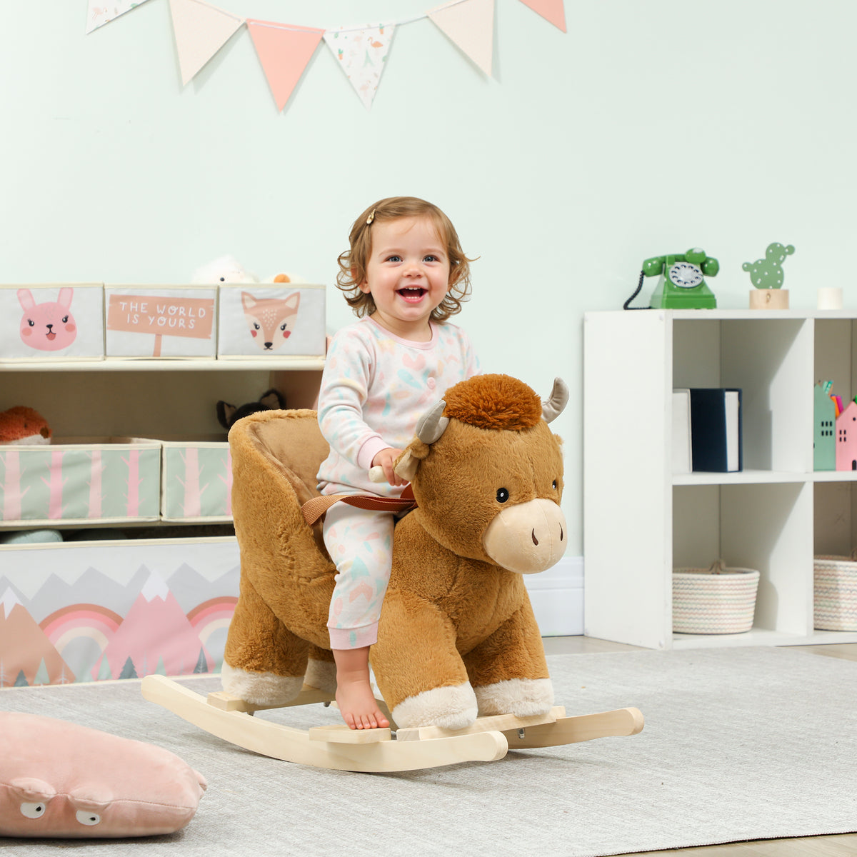 Safety Rocking Horse AIYAPLAY Baby Rocking Horse with Safety Belt, Wood Base, Animal Rocker ...