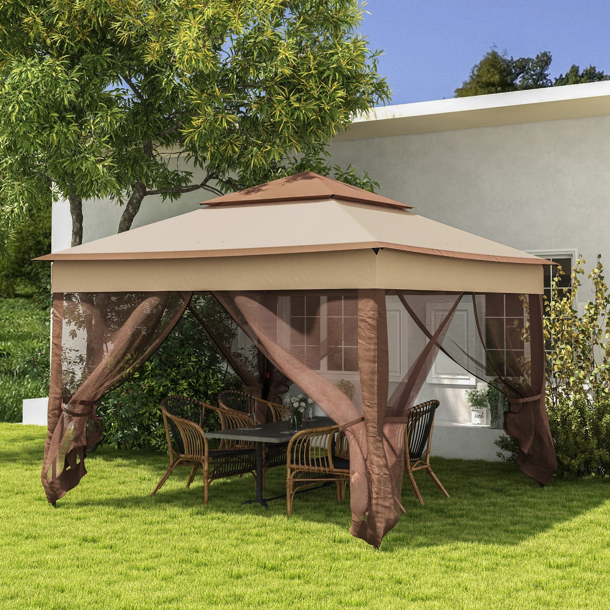 Outsunny 3 x 3(m) Pop Up Gazebo, Double-roof Garden Tent with Netting and Carry Bag, Party Event Shelter for Outdoor Patio, Khaki - anydaydirect