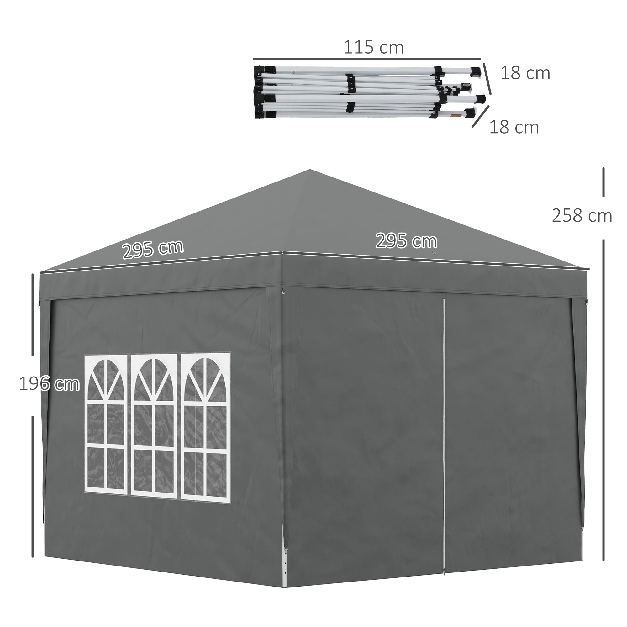 Outsunny 3 x 3 Meters Pop Up Water Resistant Gazebo Wedding Camping Party Tent Canopy Marquee with Carry Bag and 2 Windows, Grey - anydaydirect