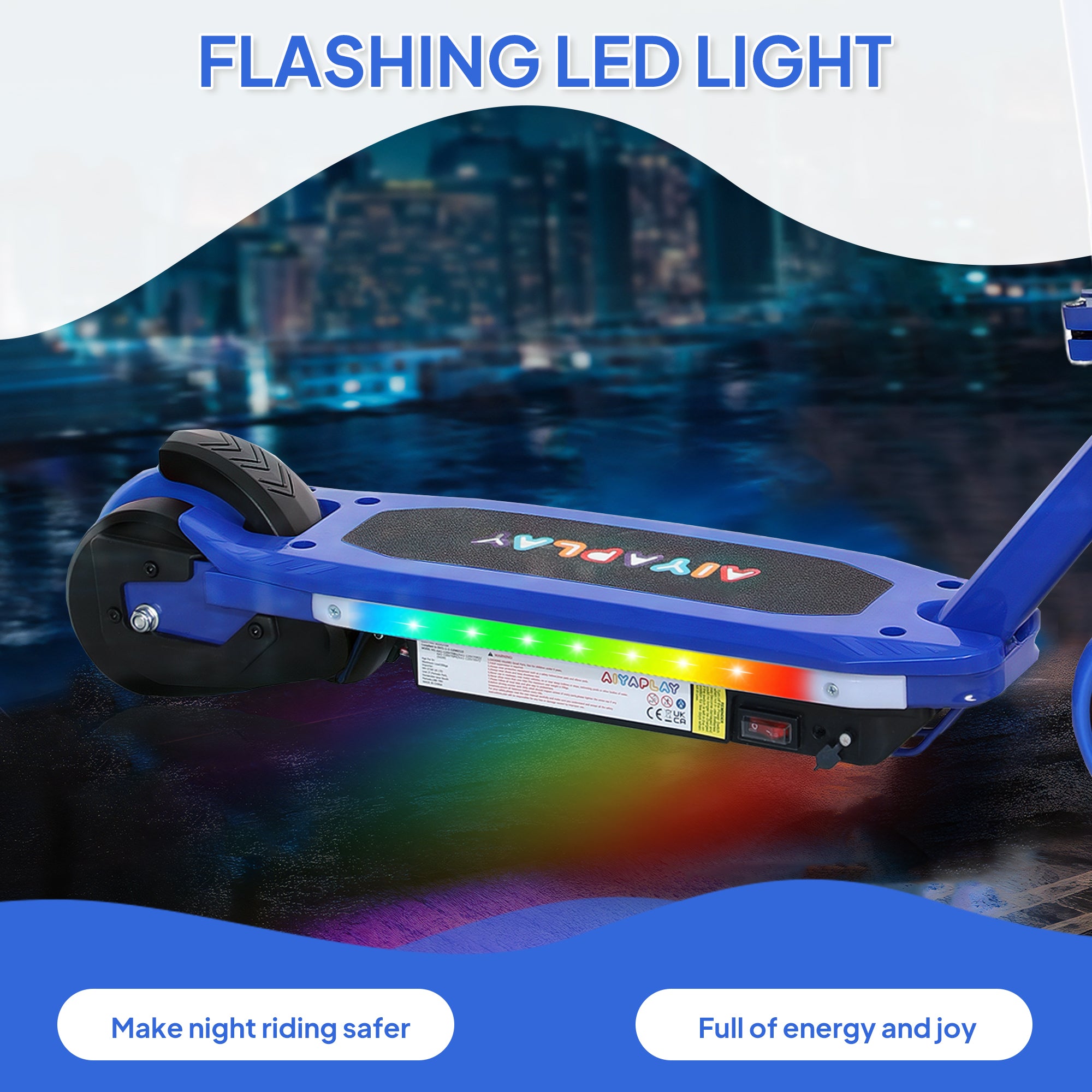 AIYAPLAY Electric Scooter for Ages 6-14, with Colourful Light and Electric Brake, Electric Scooter E Scooter, Up to 10 KM/H & 8 KM, Blue - anydaydirect