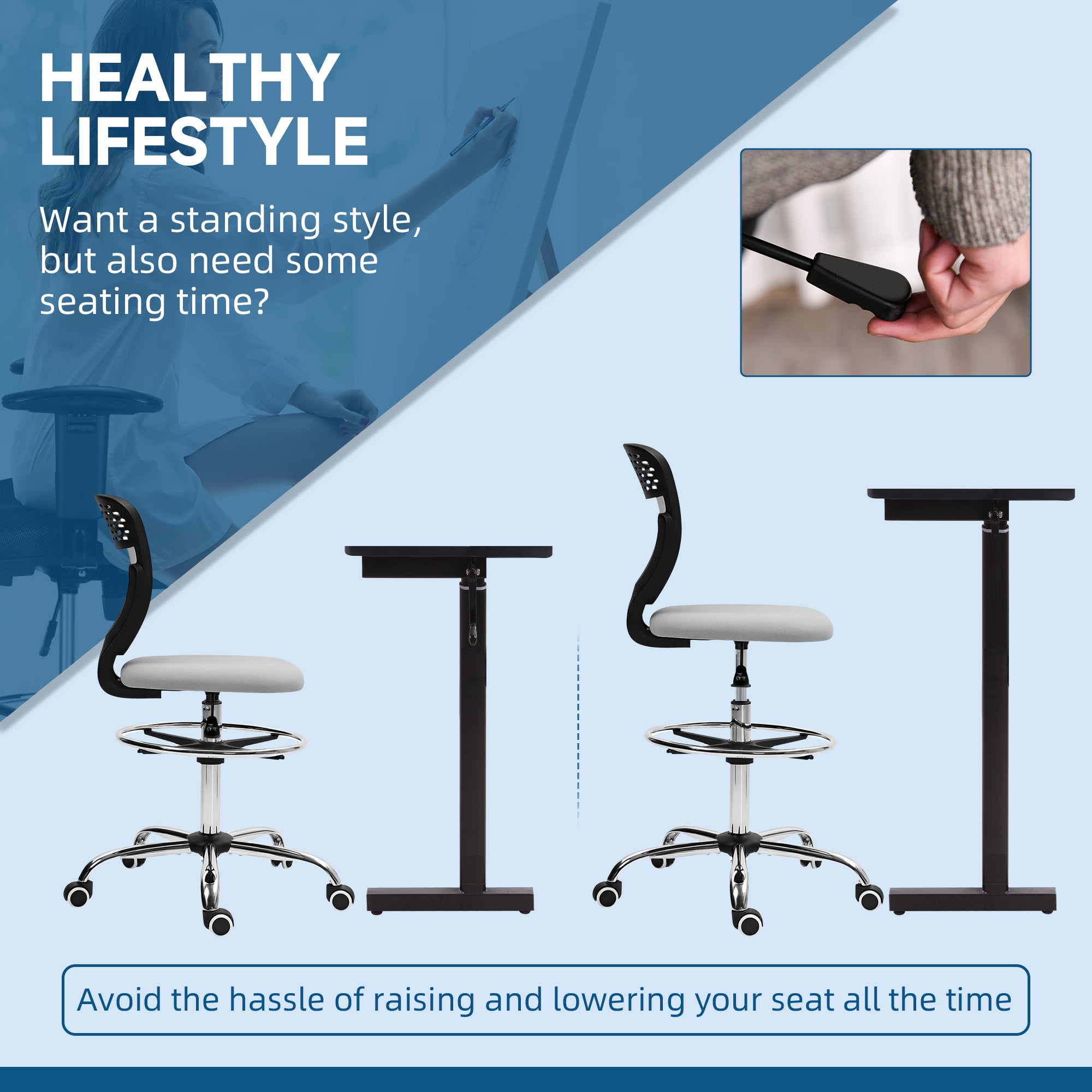 Vinsetto 68-88cm Draughtsman Office Chair, with Wheels - Light Grey - anydaydirect