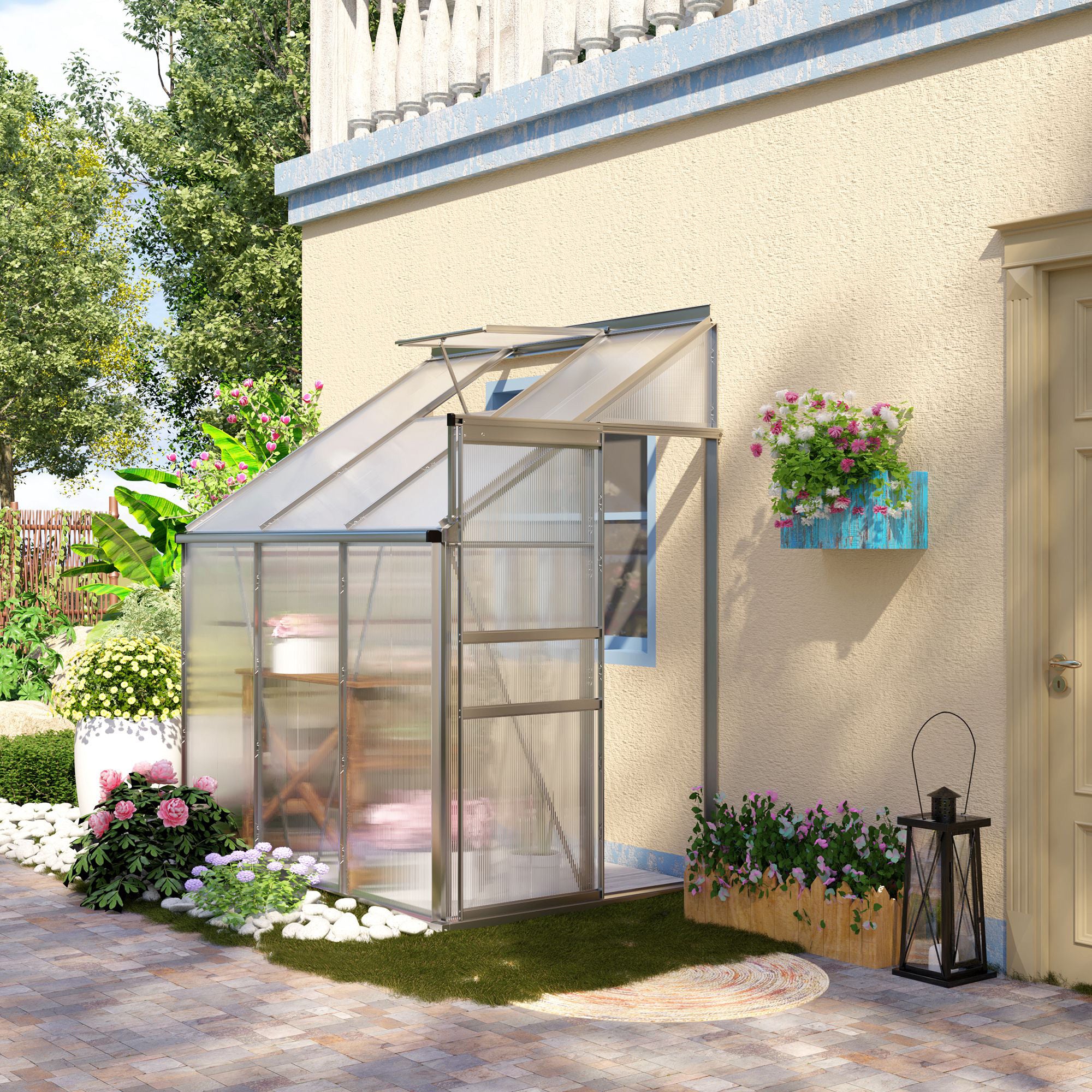 Outsunny 6 x 4ft Lean to Wall Polycarbonate Greenhouse Aluminium Walk-in Garden Greenhouse with Adjustable Roof Vent, Rain Gutter and Sliding Door, Clear - anydaydirect