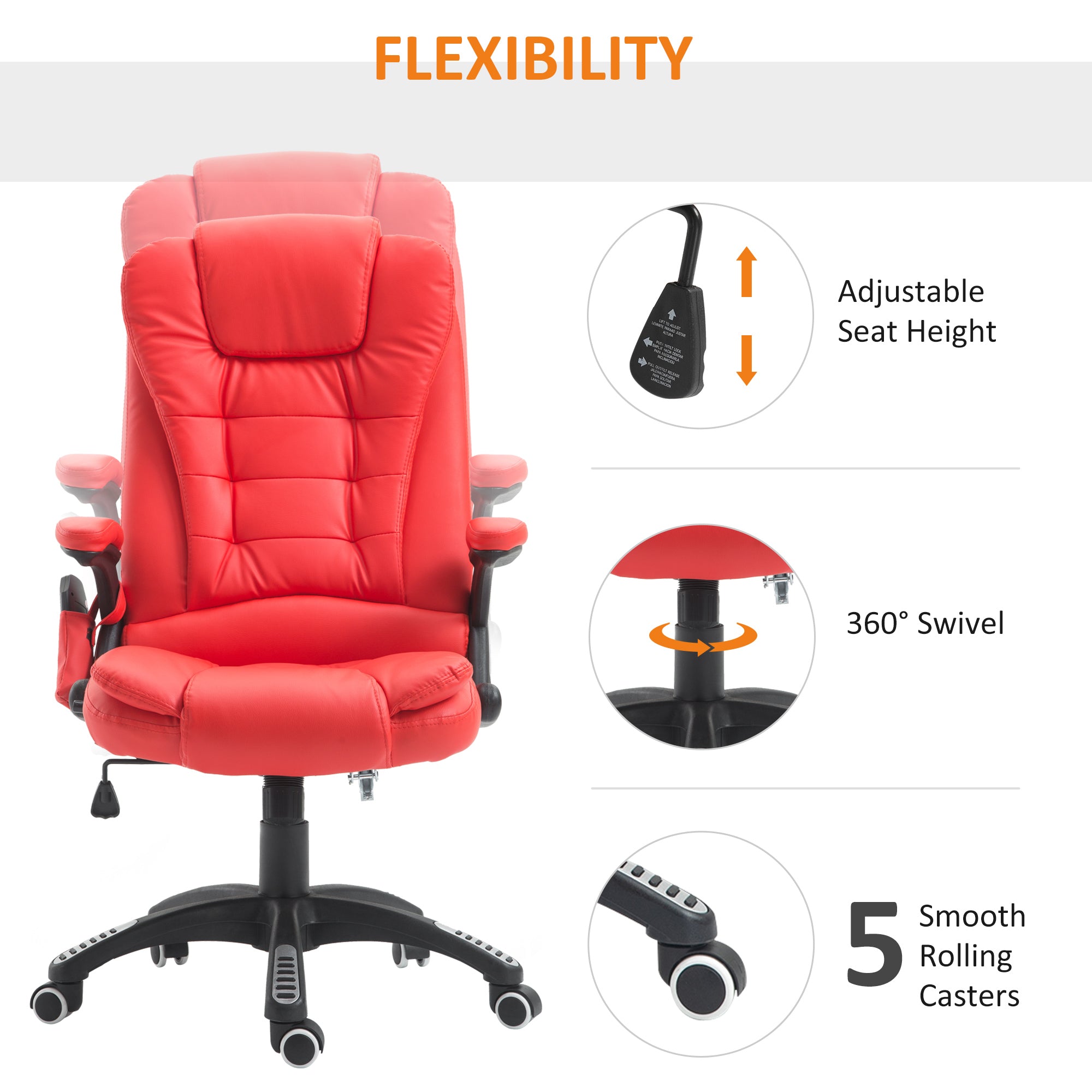 HOMCOM Executive Office Chair with Massage and Heat, High Back PU Leather Massage Office Chair with Adjustable Height, Red - anydaydirect