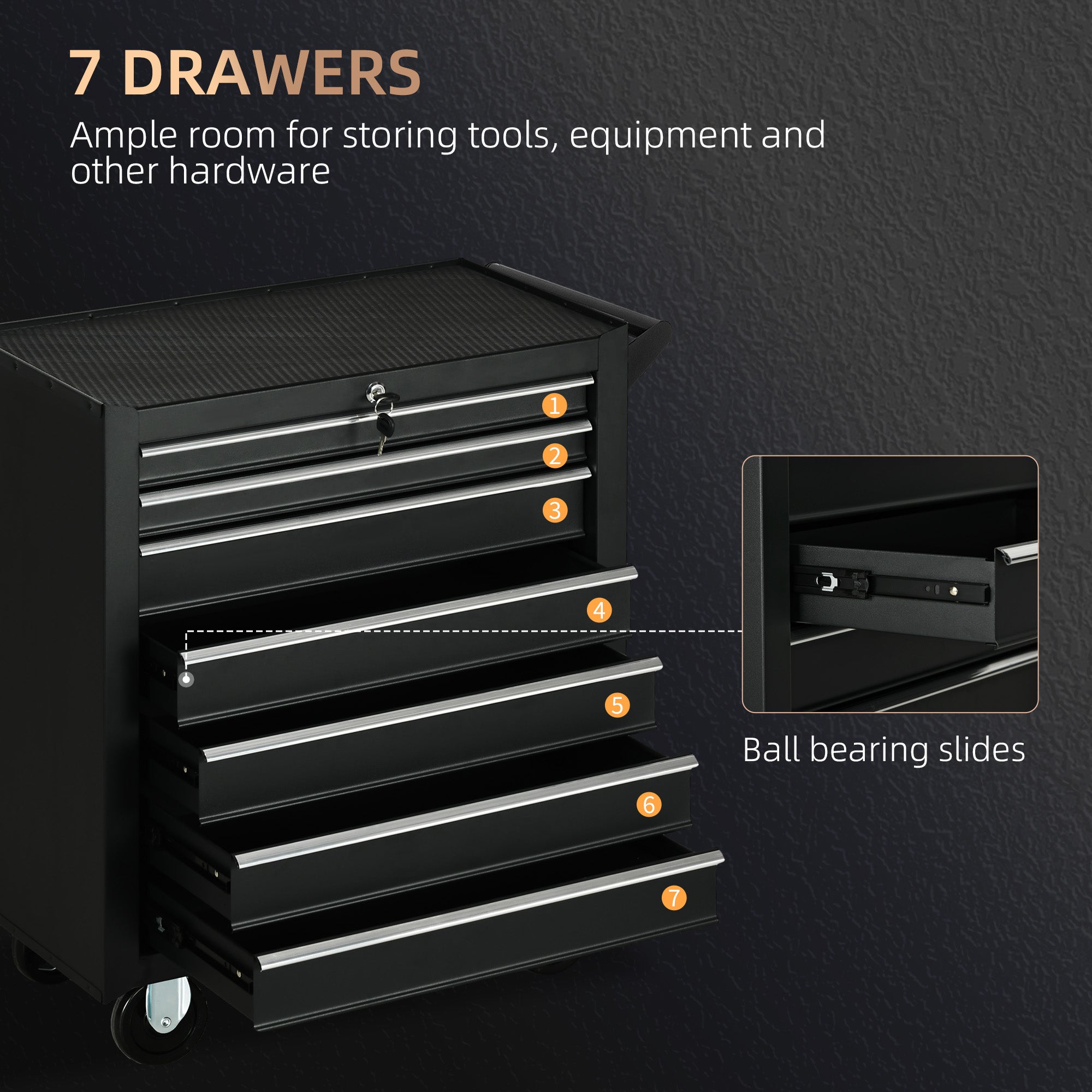 DURHAND 7-Drawer Rolling Tool Chest on Wheels, Lockable Tool Cabinet with Side Handle, Metal Tool Box Trolley for Garage, Workshop, Matte Black - anydaydirect