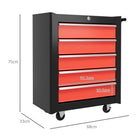 HOMCOM 5-Drawer Tool Chest with Wheels, Steel Lockable Tool Storage Cabinet with Handle, 2 Keys for Garage, Workshop, Red - anydaydirect