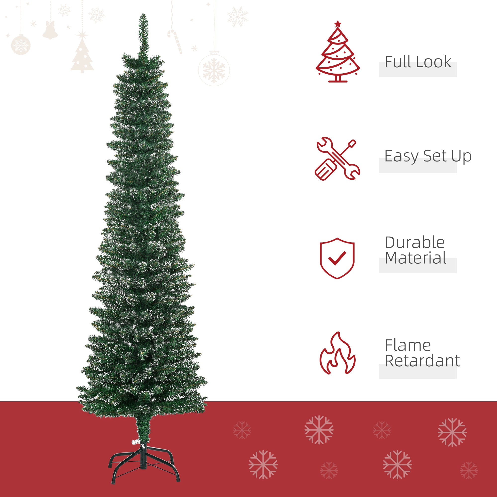 HOMCOM 5.5FT Artificial Snow Dipped Christmas Tree Xmas Pencil Tree Holiday Home Indoor Decoration with Foldable Black Stand, Green - anydaydirect