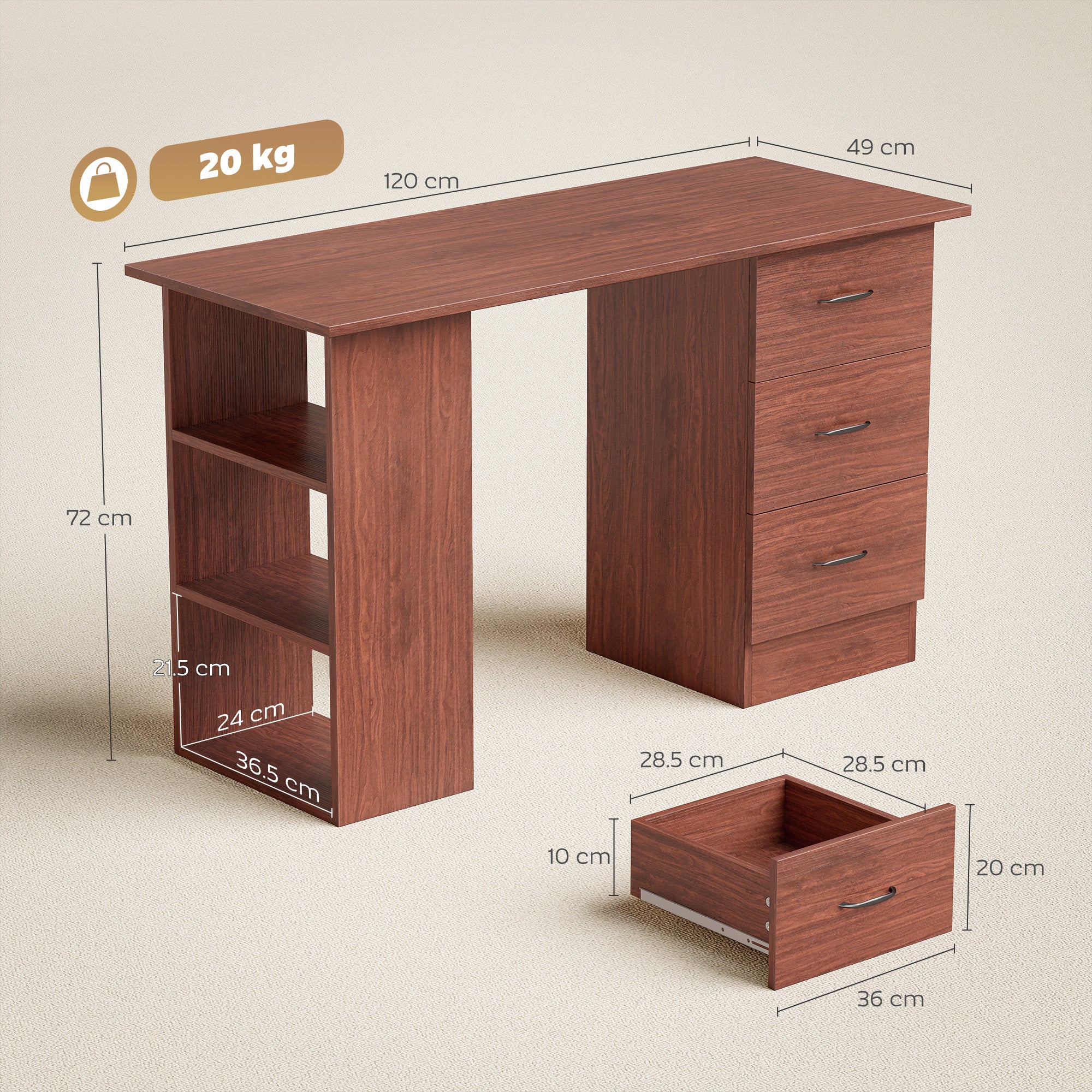 HOMCOM Computer Desk, Writing Table, PC Workstation with 3 Storage Shelves and Drawers, Handle, for Home Office, Walnut Brown - anydaydirect