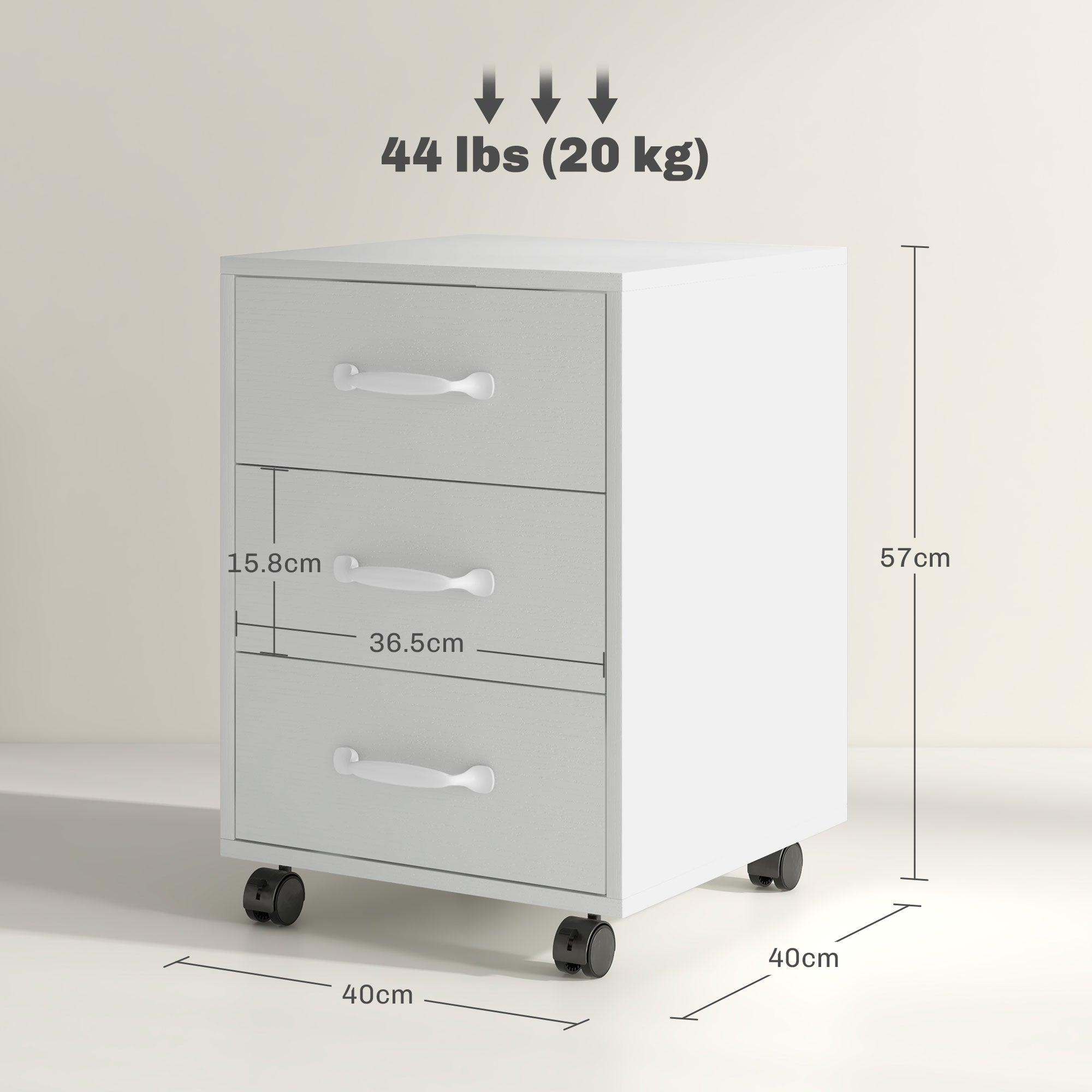 HOMCOM 3 Drawer File Cabinet, Mobile Filing Cabinet on Wheels for Home Office, Study, White - anydaydirect